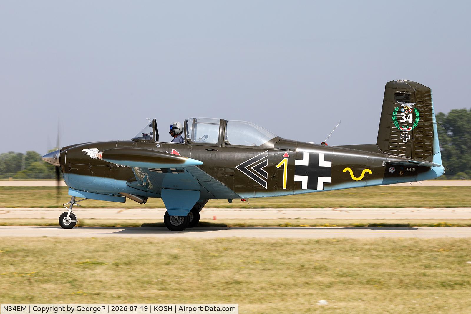 Aircraft N34EM, 1953 Beech (CCF) T-34A (A45) Mentor, c/n CCF34-119, Airventure 2026., at KOSH, photo by GeorgeP