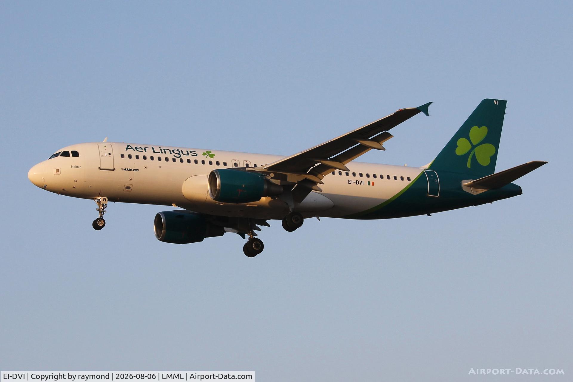 Aircraft EI-DVI, 2008 Airbus A320-214, c/n 3501, Airbus A320-214 reg EI-DVI of Aer Lingus on final approach for RW31 in the last rays of the sun., at LMML, photo by raymond