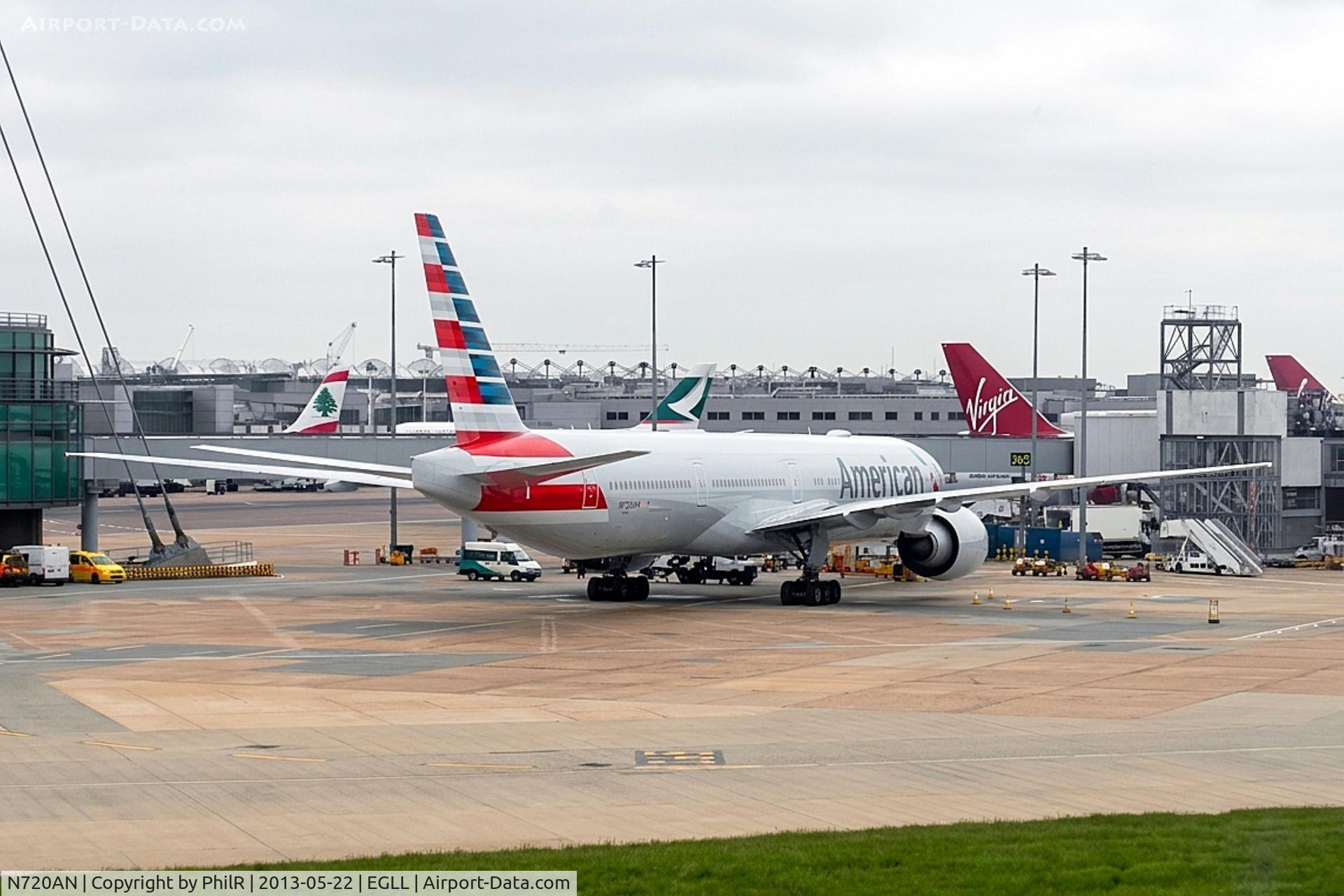 Aircraft N720AN, 2013 Boeing 777-323/ER, c/n 33522 l/n 1075, N720AN 2013 B777-300 American LHR, at EGLL, photo by PhilR