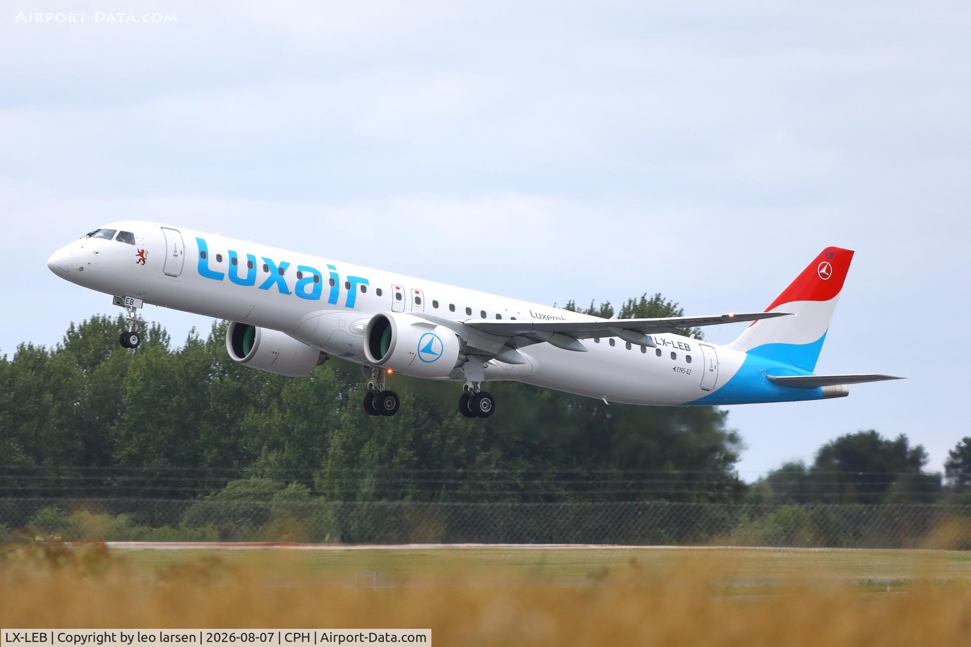 Aircraft LX-LEB, Embraer E-195, c/n 20216, Copenhagen 7.8.2026, at CPH, photo by leo larsen