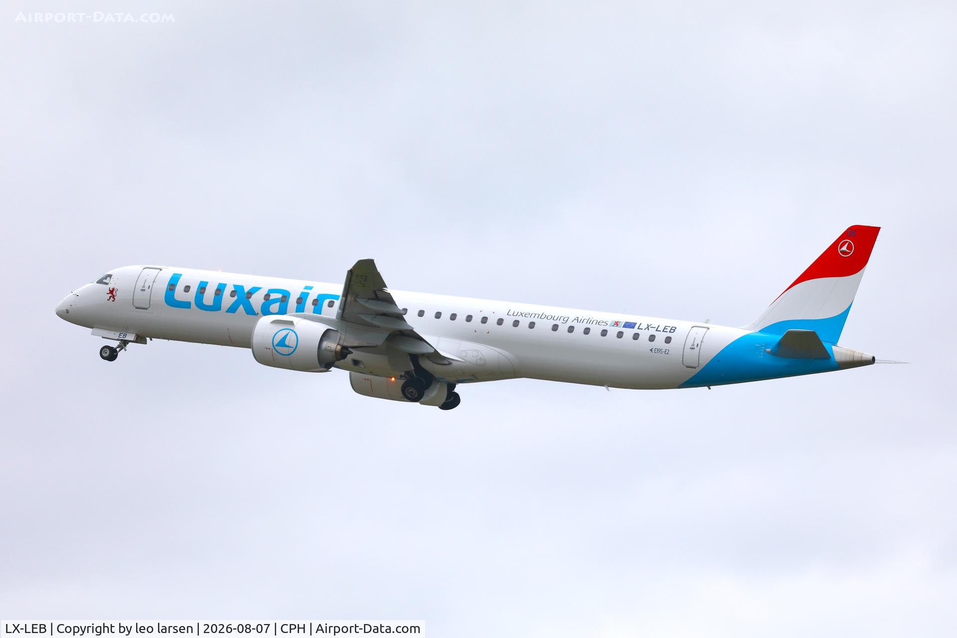 Aircraft LX-LEB, Embraer E-195, c/n 20216, Copenhagen 7.8.2026, at CPH, photo by leo larsen