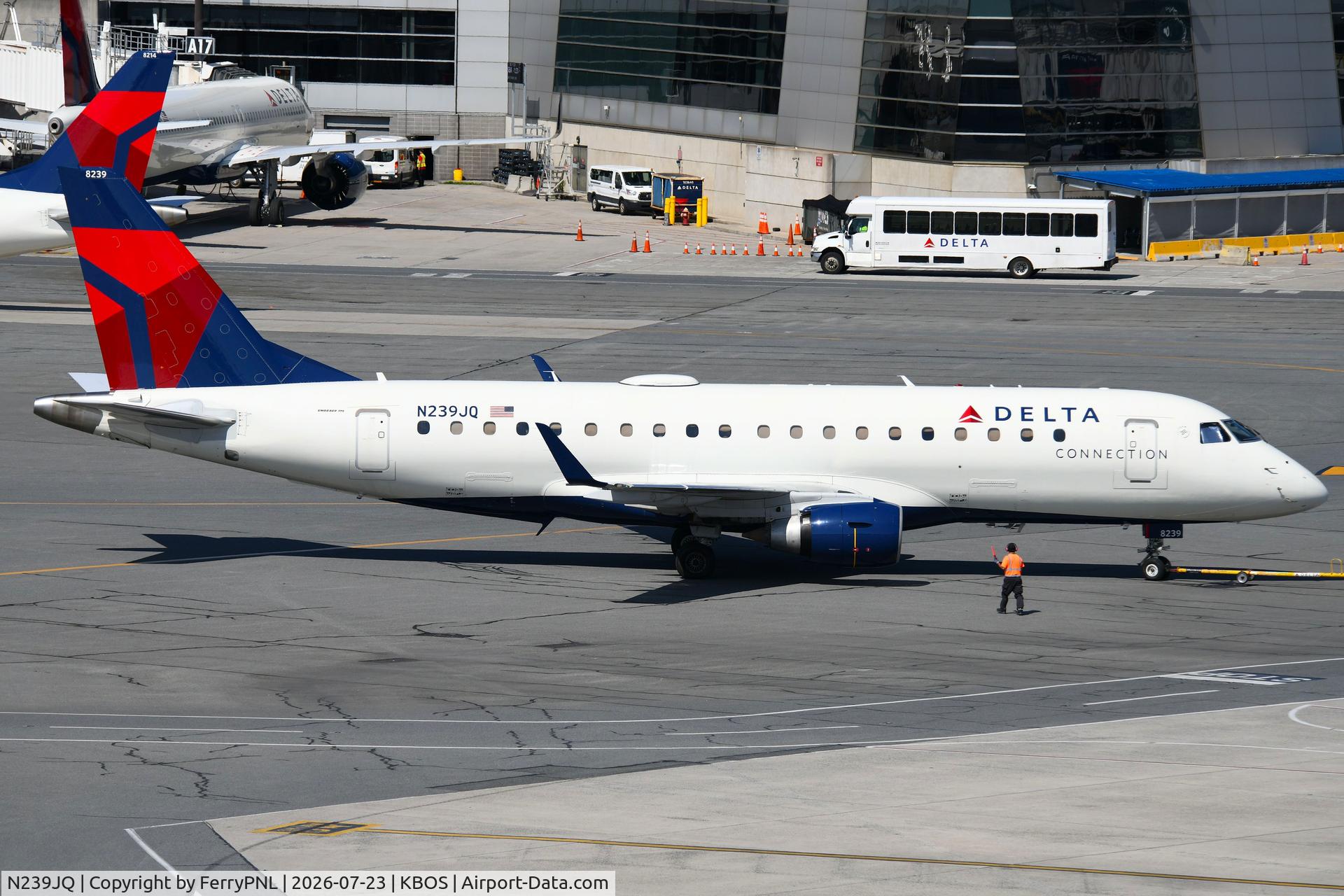 Aircraft N239JQ, 2008 Embraer ERJ-170-200LR, c/n 17000244, Delta Connection ERJ170 pushed-back, at KBOS, photo by FerryPNL