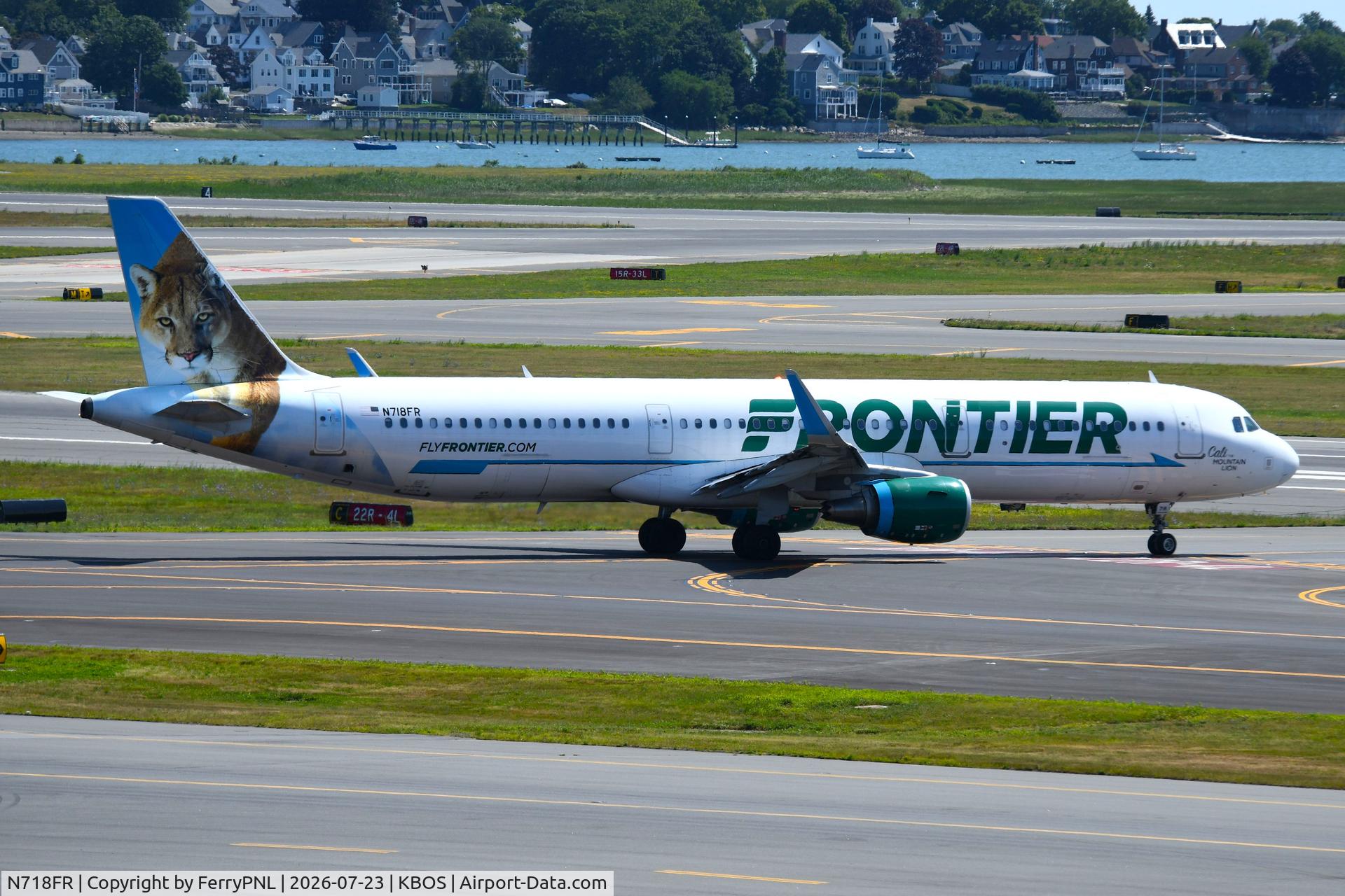 Aircraft N718FR, 2017 Airbus A321-211, c/n 7575, Frontier A321 "Cali the mountain lion", at KBOS, photo by FerryPNL