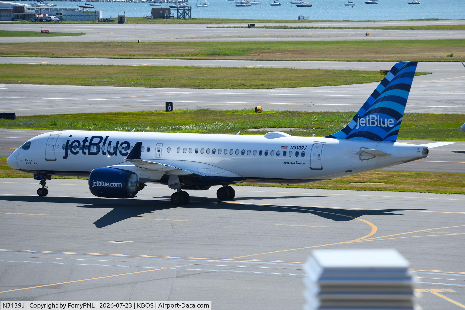 Aircraft N3139J, 2023 Airbus A220-371, c/n 55234 l/n 3139, JetBlue A223 arriving, at KBOS, photo by FerryPNL