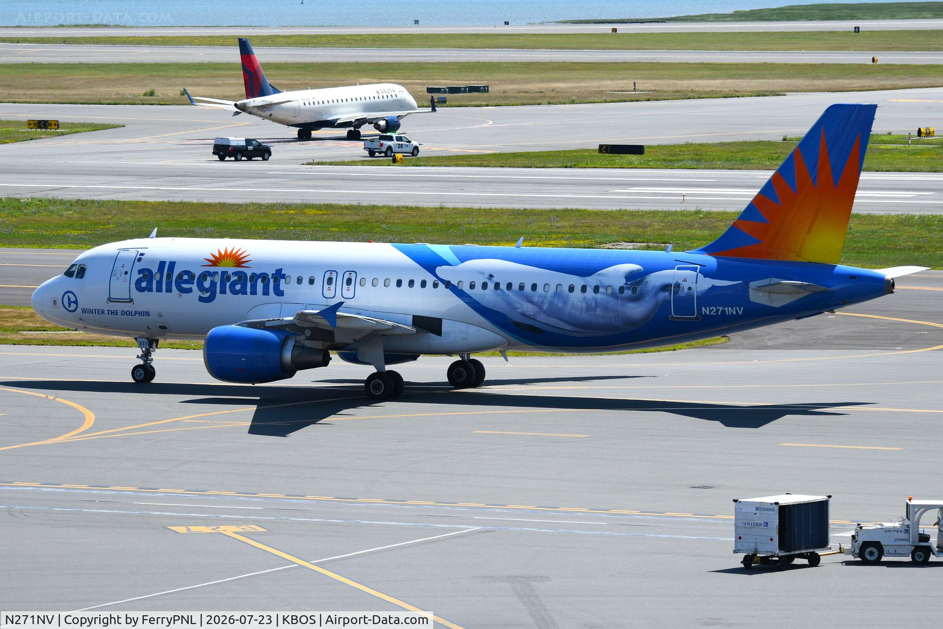 Aircraft N271NV, 2006 Airbus A320-216, c/n 2932, The Allegiant Dolphin "Winter", at KBOS, photo by FerryPNL