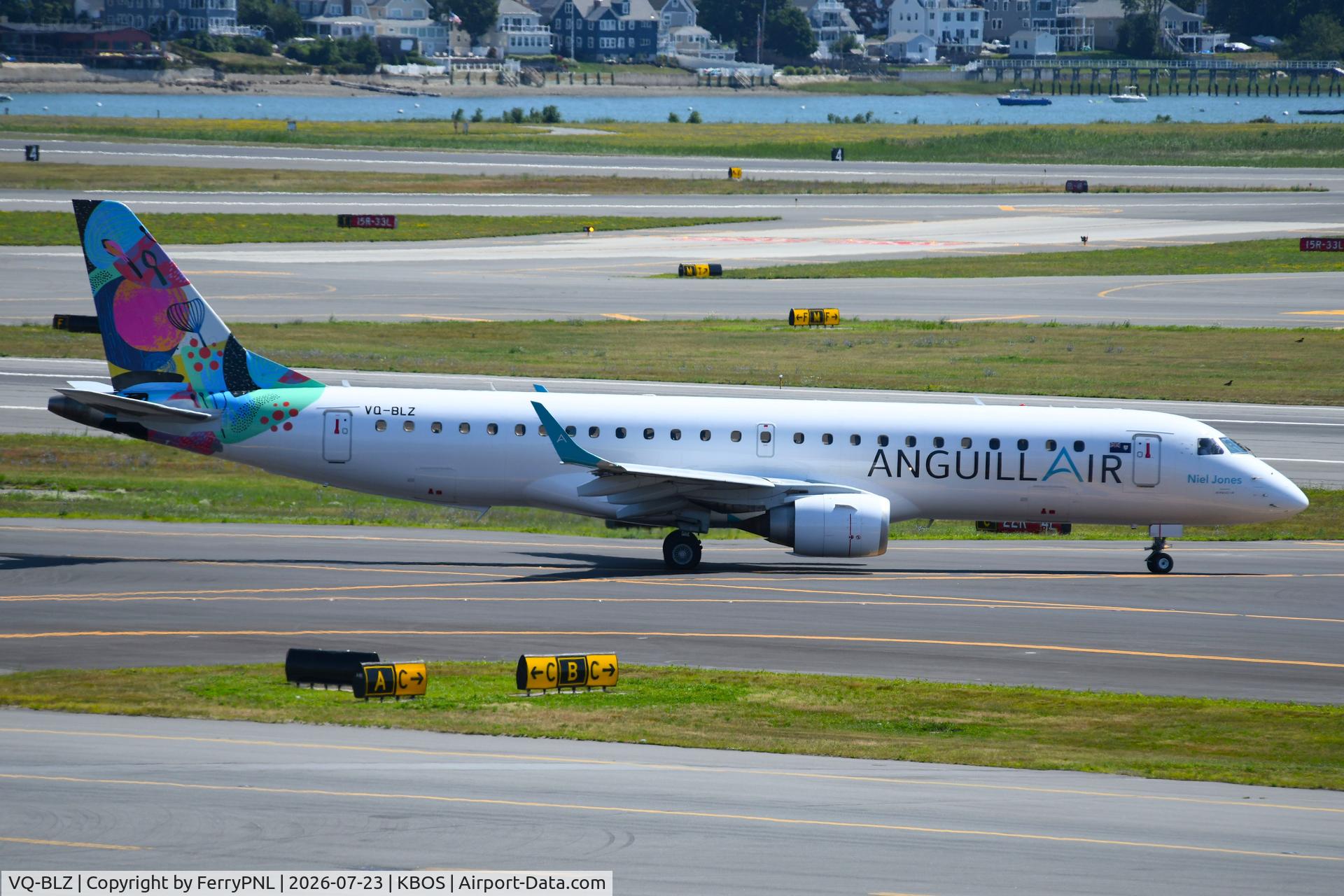 Aircraft VQ-BLZ, 2009 Embraer ERJ-190AR, c/n 19000275, Bermudair ERJ190 has AnguillAir tittles on the right side of the airframe., at KBOS, photo by FerryPNL