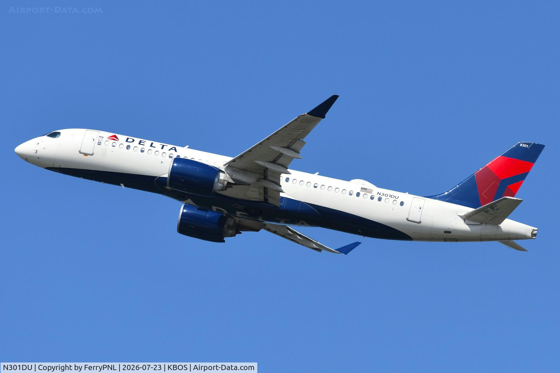 Aircraft N301DU, 2019 Bombardier CSeries CS300 (BD-500-1A11), c/n 55069, Delta Air Lines A223 taking-off, at KBOS, photo by FerryPNL