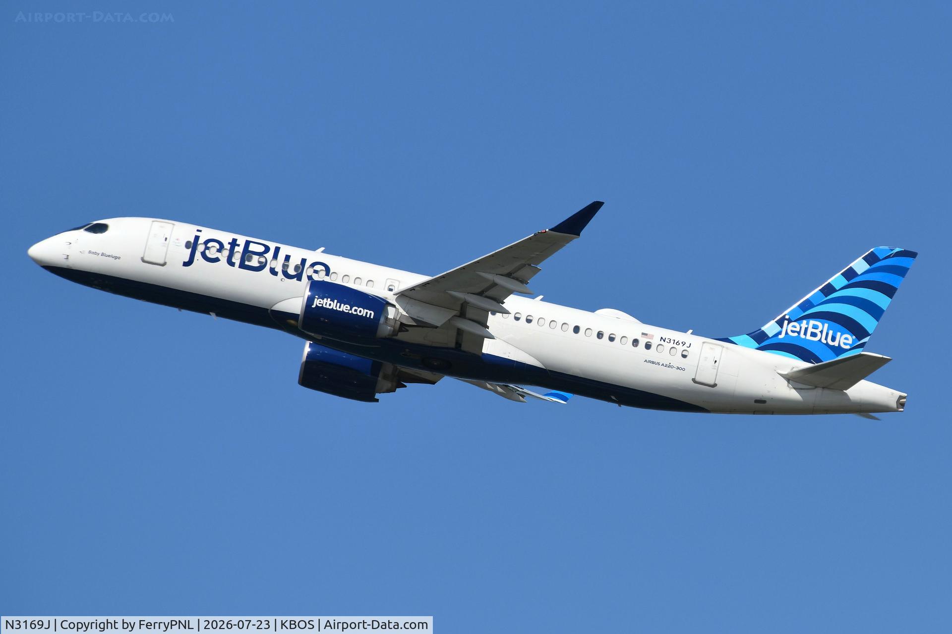 Aircraft N3169J, 2024 Airbus A220-371, c/n 55267 l/n 3169, JetBlue A223 taking-off, at KBOS, photo by FerryPNL