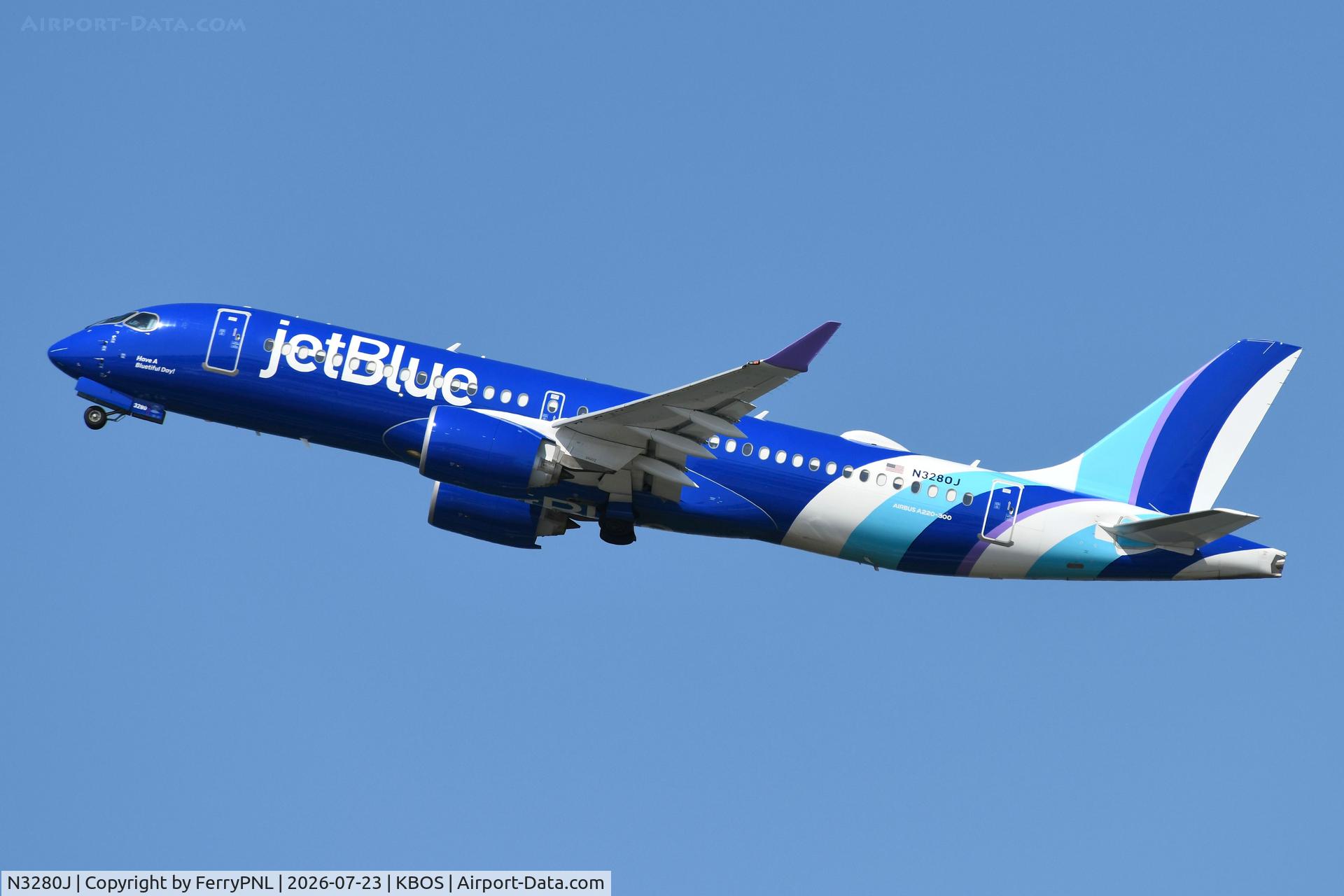 Aircraft N3280J, 2025 Airbus A220-300, c/n 55381, Departure of JetBlue A223, at KBOS, photo by FerryPNL