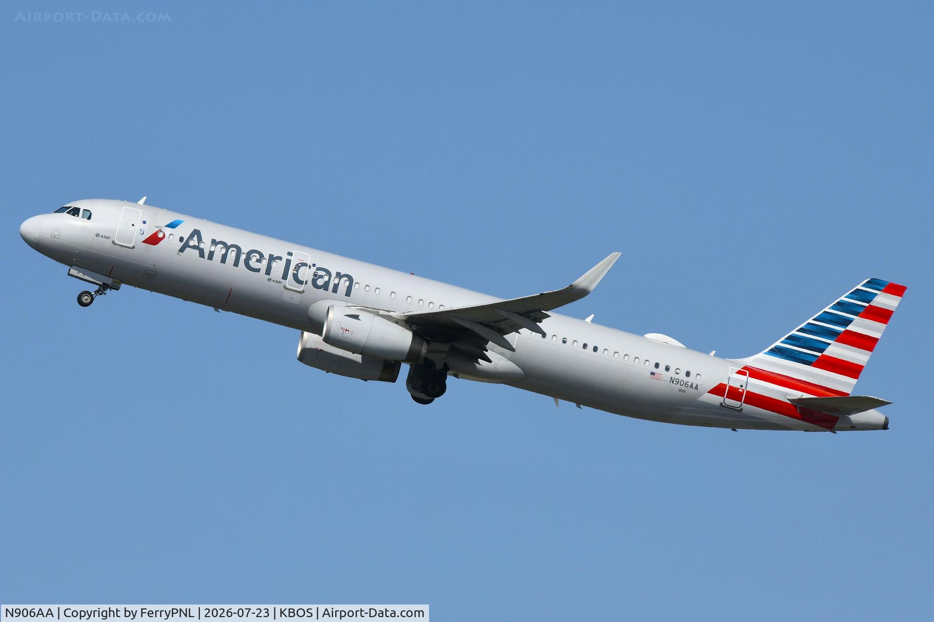 Aircraft N906AA, 2017 Airbus A321-231, c/n 7651, American Airlines A321 departing, at KBOS, photo by FerryPNL