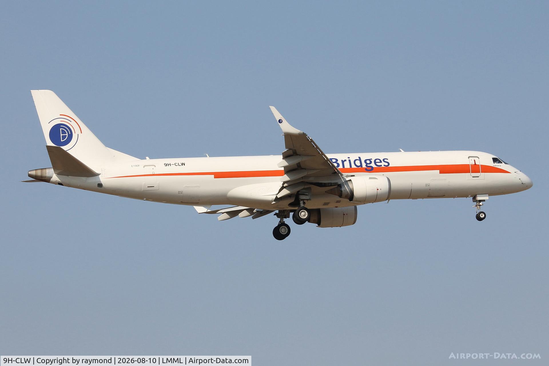 Aircraft 9H-CLW, Embraer ERJ-190AR(F), c/n 19000399, Embraer ERJ-190AR(F) reg 9H-CLW of Bridges air Cargo on final approach for RW31 MLA., at LMML, photo by raymond