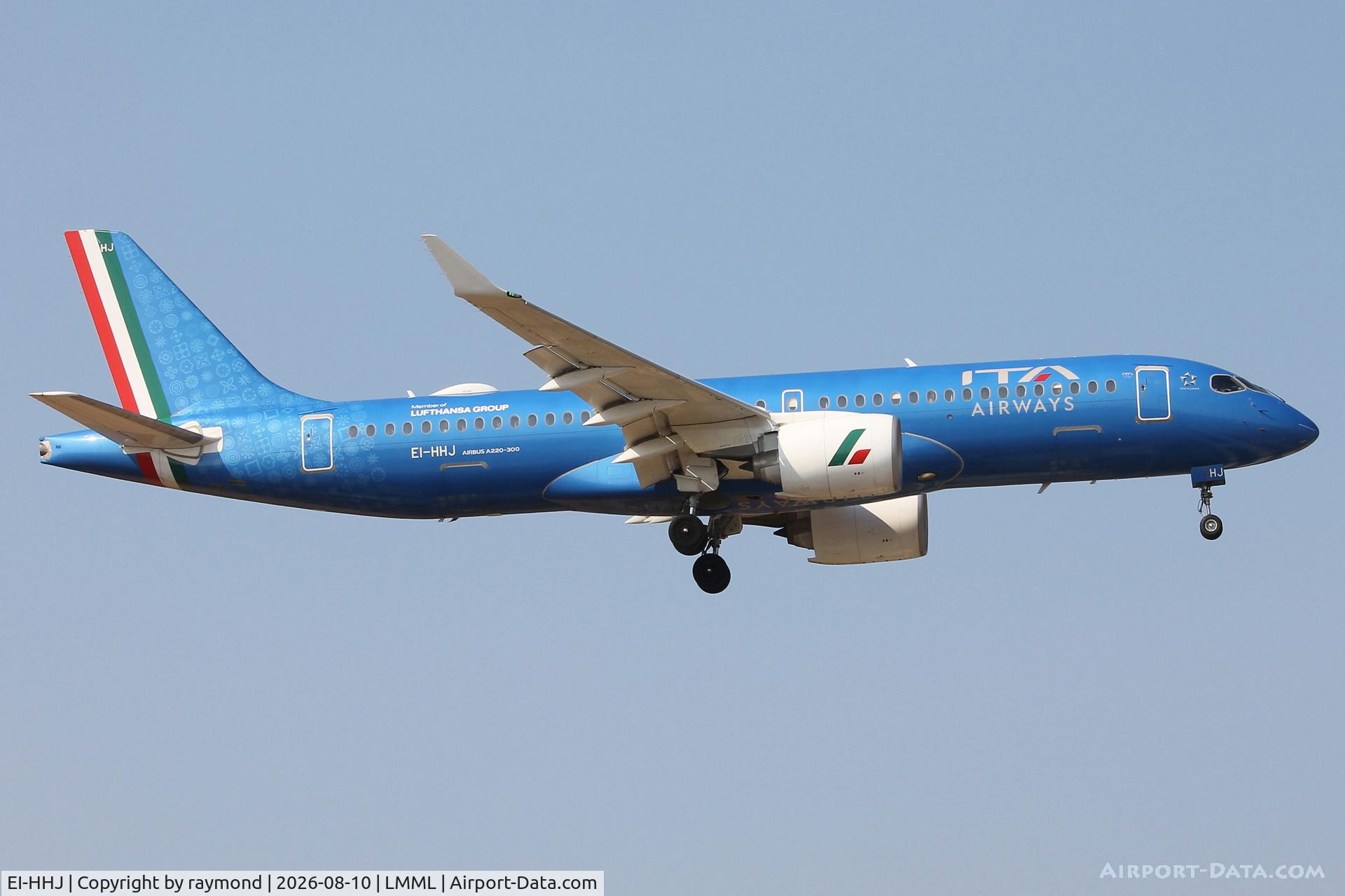 Aircraft EI-HHJ, 2022 Airbus A220-371, c/n 55176, Airbus A220-300 reg EI-HHJ of ITA Airways, final approach RW31 Malta., at LMML, photo by raymond