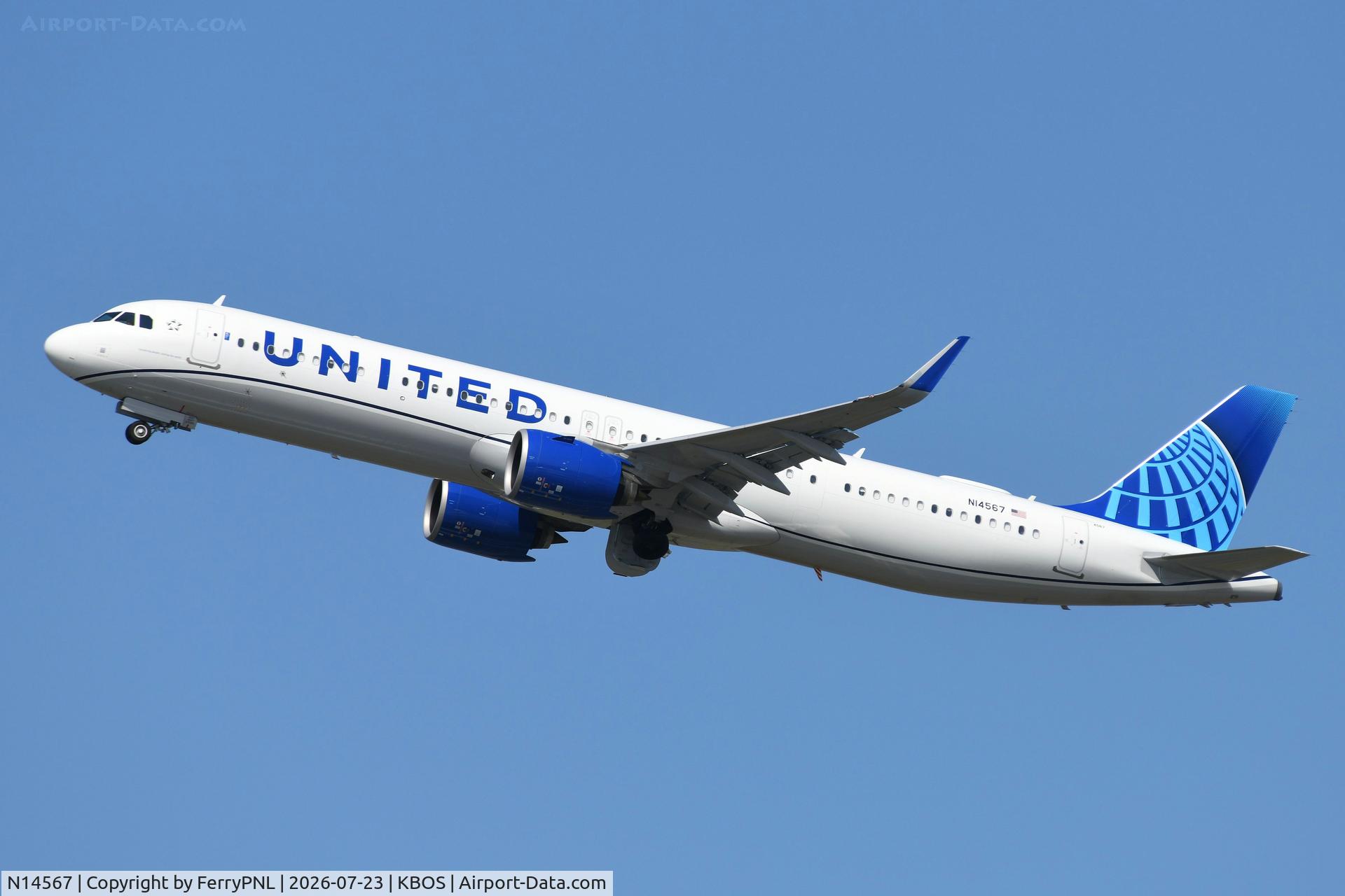 Aircraft N14567, 2026 Airbus A321-271NX, c/n 12975, United Airlines A321N taking-off, at KBOS, photo by FerryPNL