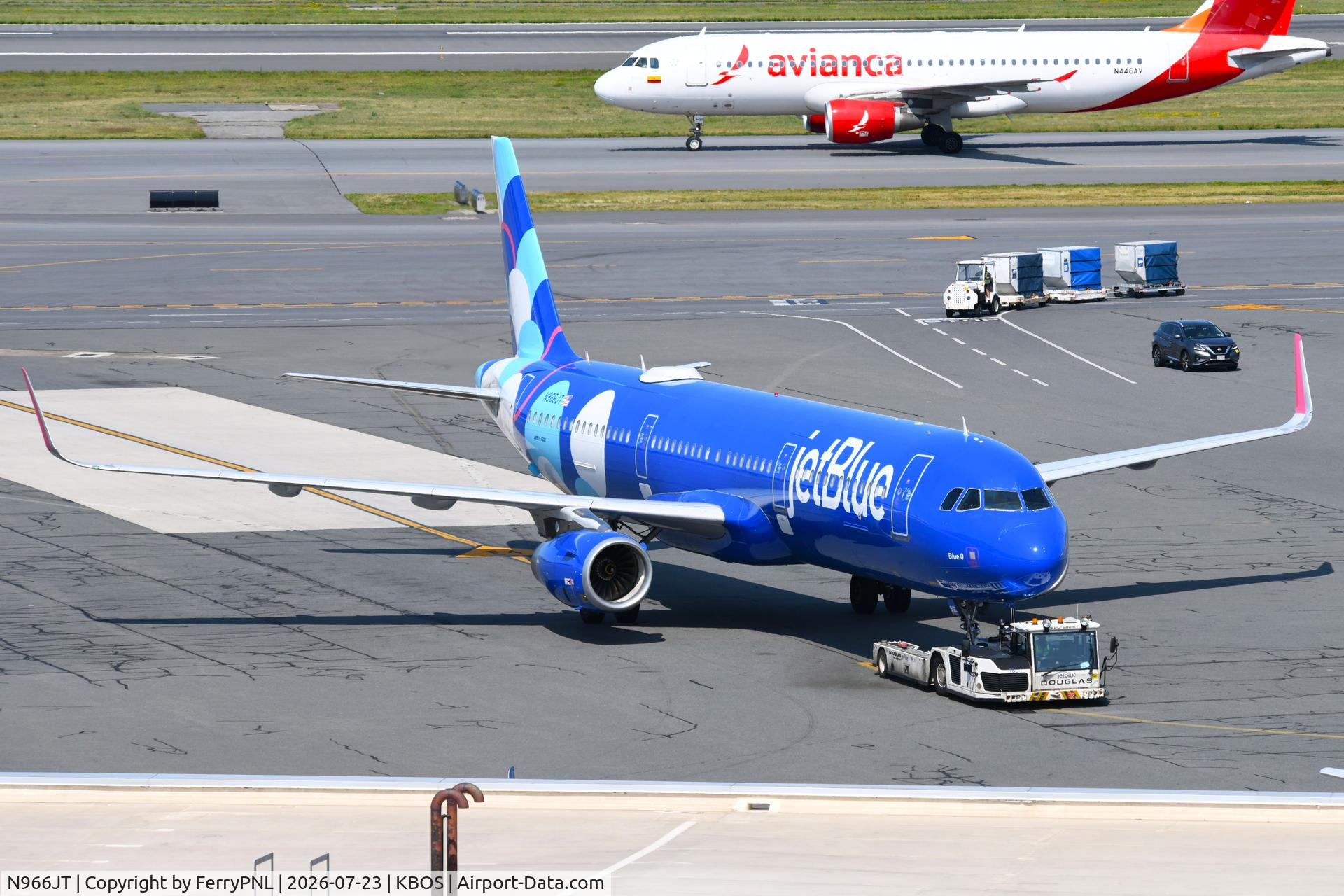 Aircraft N966JT, 2016 Airbus A321-231, c/n 7230, JetBlue A321 pushed-back, at KBOS, photo by FerryPNL