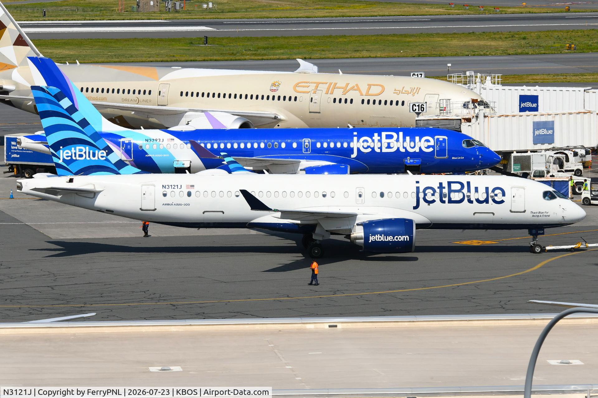 Aircraft N3121J, 2023 Airbus A220-371, c/n 55199, JetBlue A223 arriving, at KBOS, photo by FerryPNL