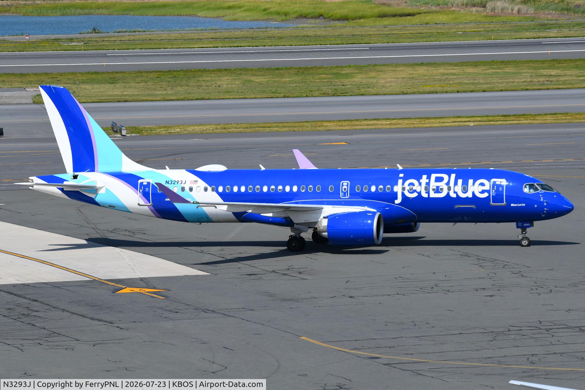 Aircraft N3293J, 2025 Airbus A220-300, c/n 55404, Arrival of JetBlue A223, at KBOS, photo by FerryPNL