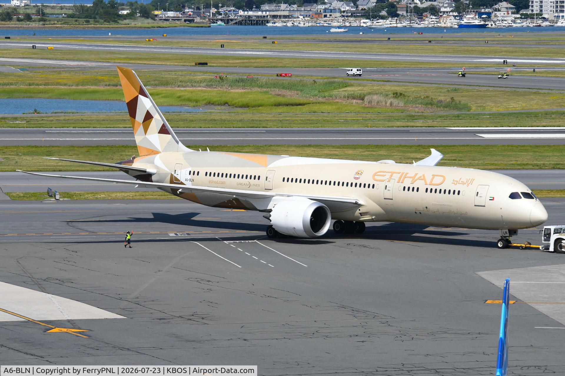 Aircraft A6-BLN, 2017 Boeing 787-9 Dreamliner, c/n 39659, Etihad B789 under tow to the gate, at KBOS, photo by FerryPNL
