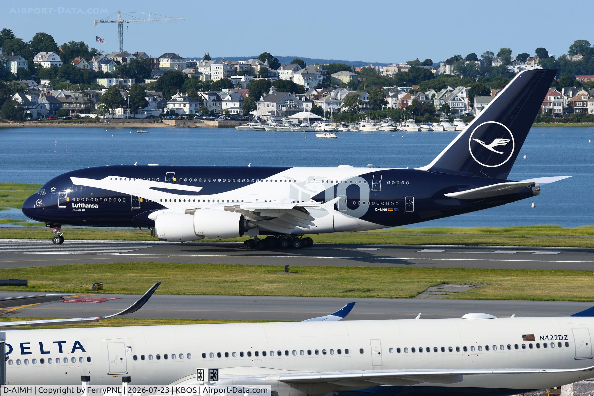Aircraft D-AIMH, 2010 Airbus A380-841, c/n 070, Lufthansa A388 in special 100 years livery, at KBOS, photo by FerryPNL