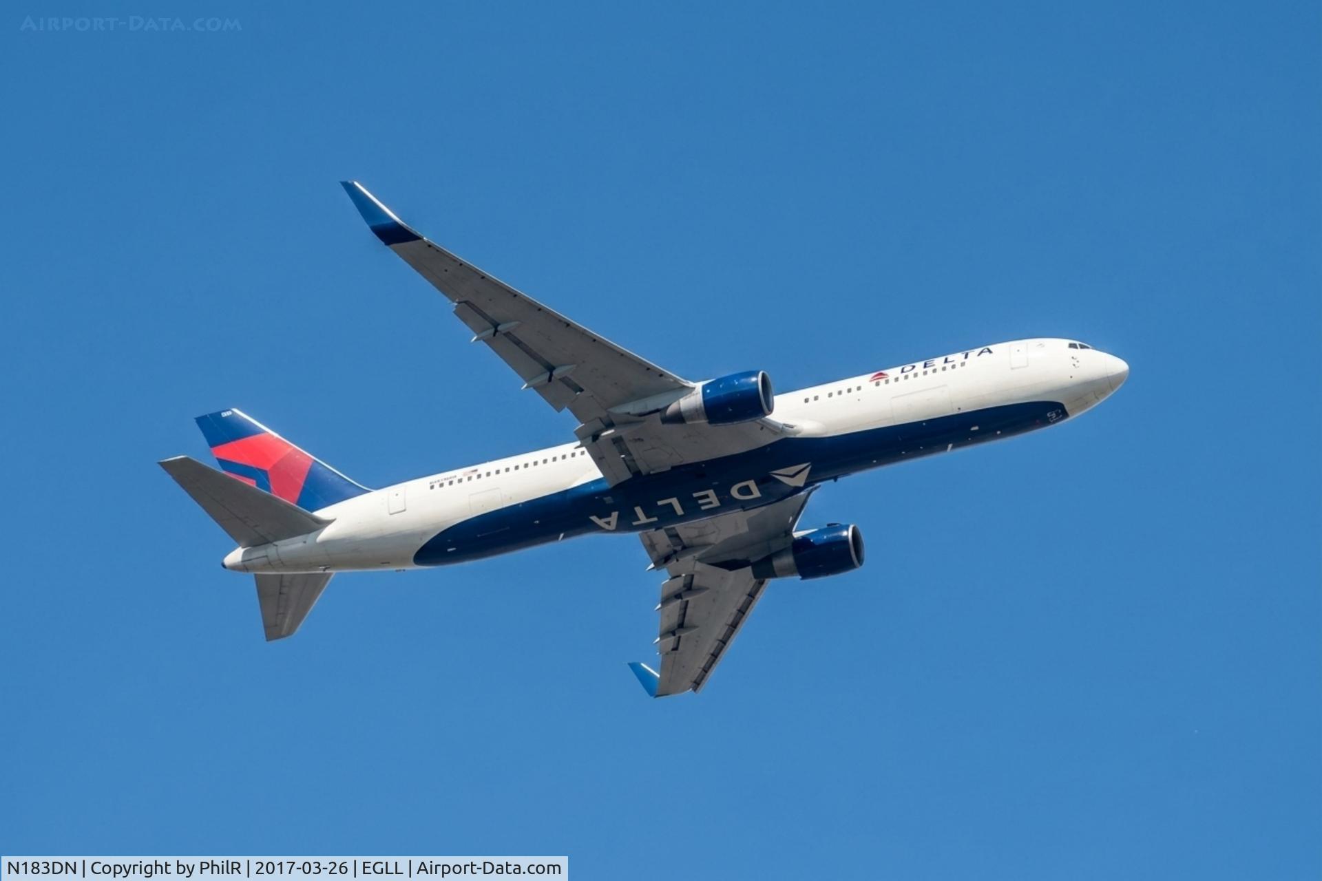Aircraft N183DN, 1993 Boeing 767-332, c/n 27110, N183DN 1993 B767-300 Delta Woodley, at EGLL, photo by PhilR