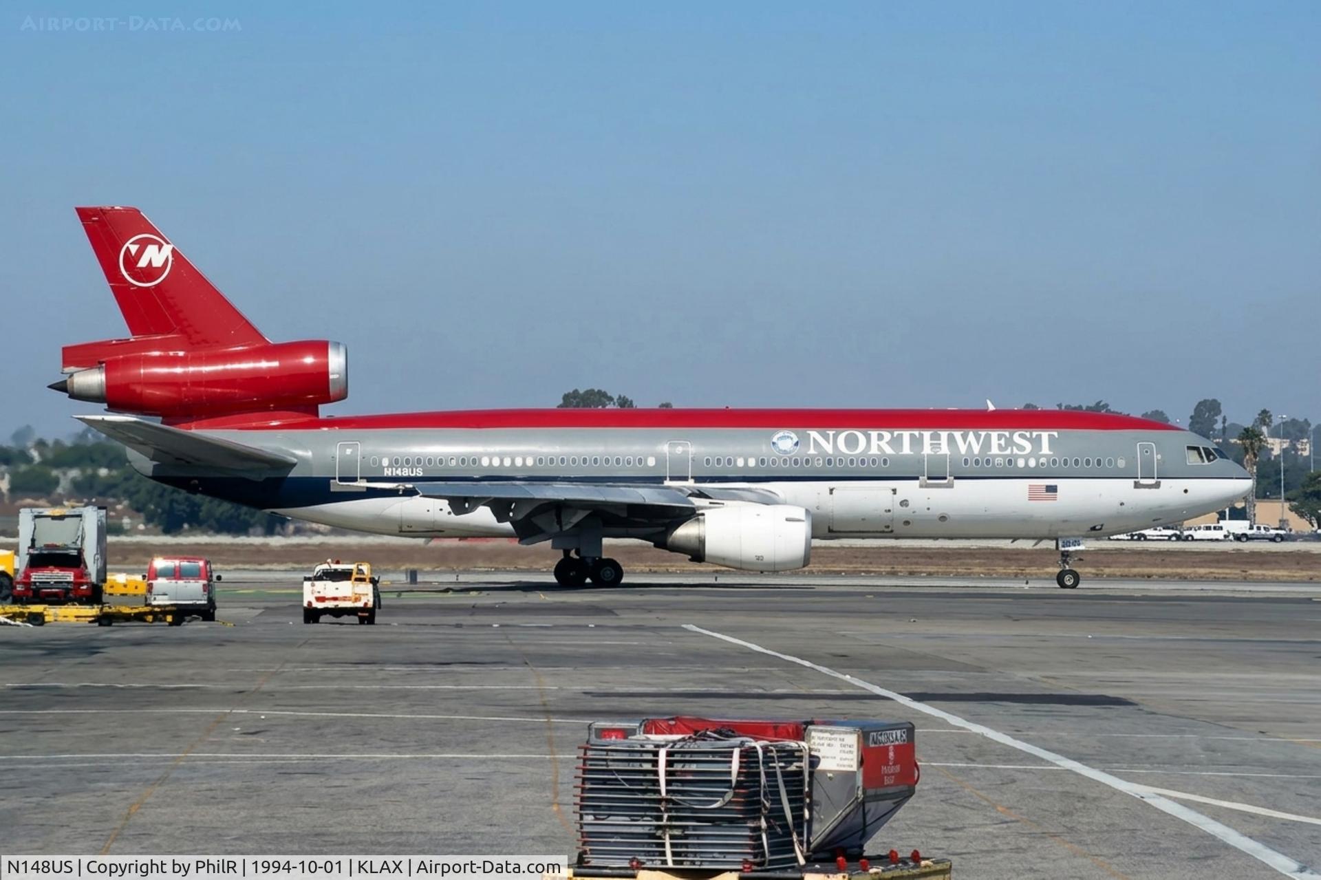 Aircraft N148US, 1973 Douglas DC-10-40, c/n 46757, N148US 1973 DC-10-40 Northwest LAX, at KLAX, photo by PhilR