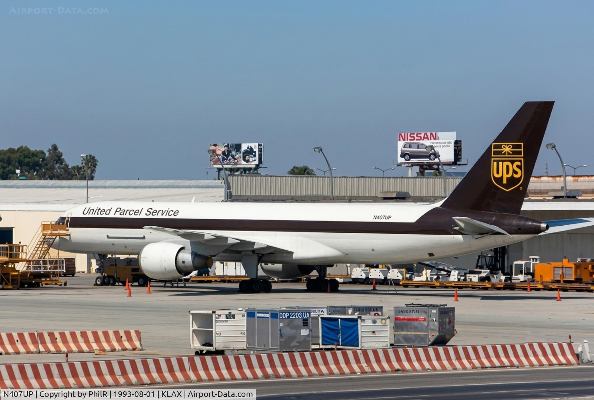 Aircraft N407UP, 1988 Boeing 757-24APF, c/n 23729, N407UP 1988 B757-200F UPS LAX, at KLAX, photo by PhilR