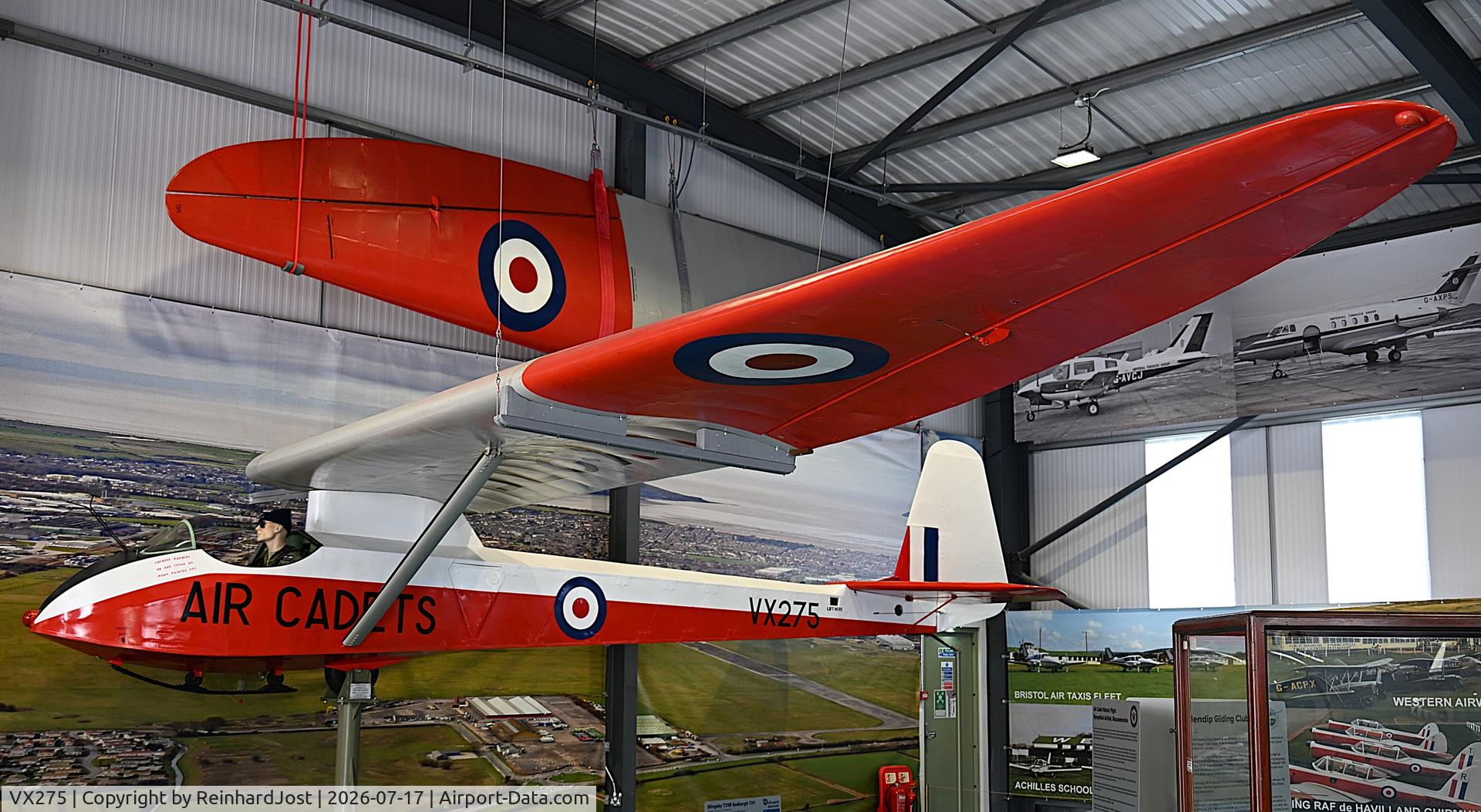 Aircraft VX275, Slingsby T-21B Sedbergh TX.1, c/n 539, Sedbergh TX1 in RAF Air Cadets colors in the newest hangar of The Helicopter Museum at Weston-super-Mare, UK, photo by ReinhardJost