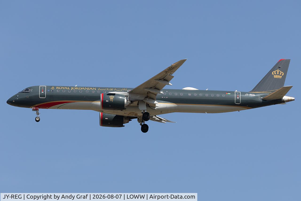 Aircraft JY-REG, 2025 Embraer E195-E2 (ERJ-190-400 STD), c/n 20180, Royal Jordanian EMB195E2, at LOWW, photo by Andy Graf