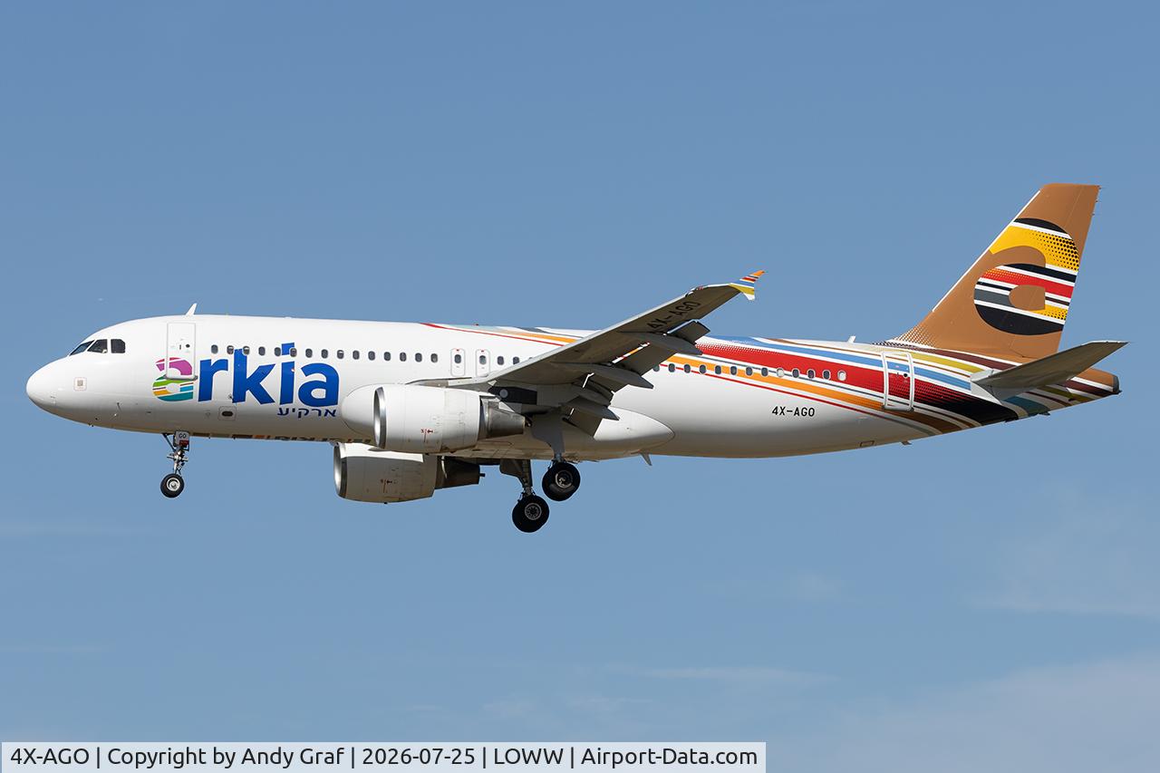 Aircraft 4X-AGO, 2007 Airbus A320-214, c/n 3056, Arkia A320, at LOWW, photo by Andy Graf