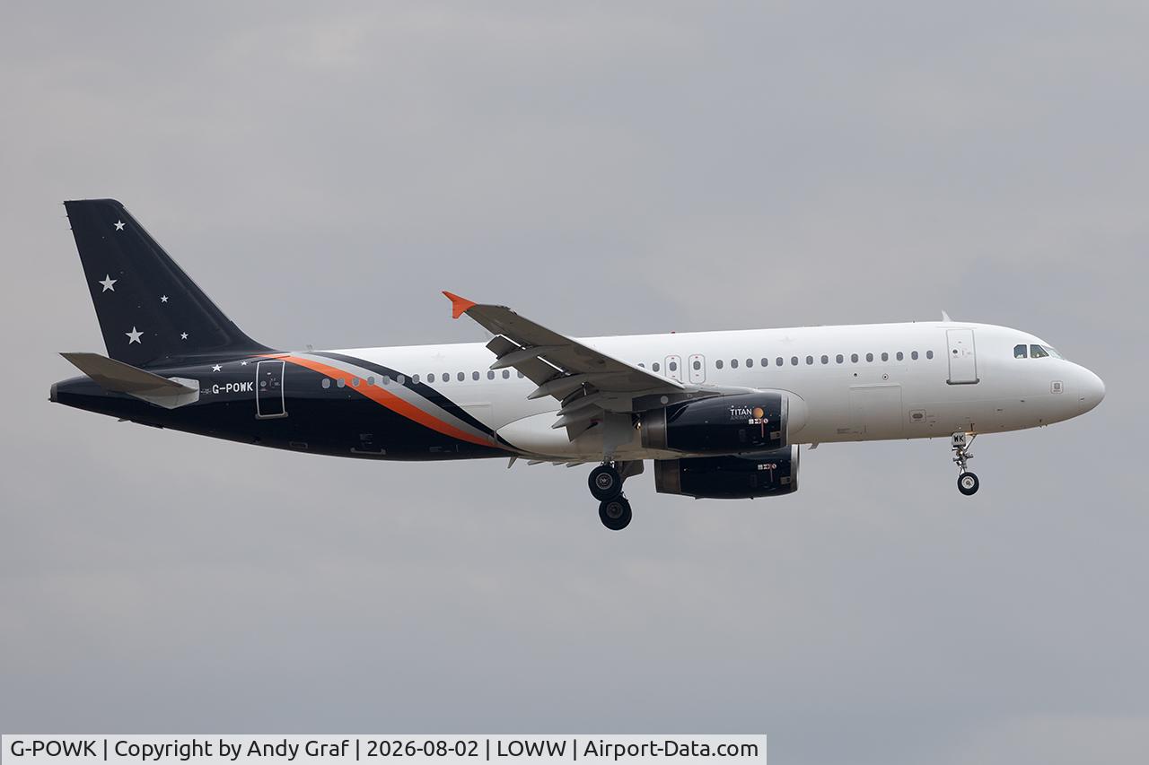 Aircraft G-POWK, 2006 Airbus A320-200, c/n 2987, Titan A320, at LOWW, photo by Andy Graf
