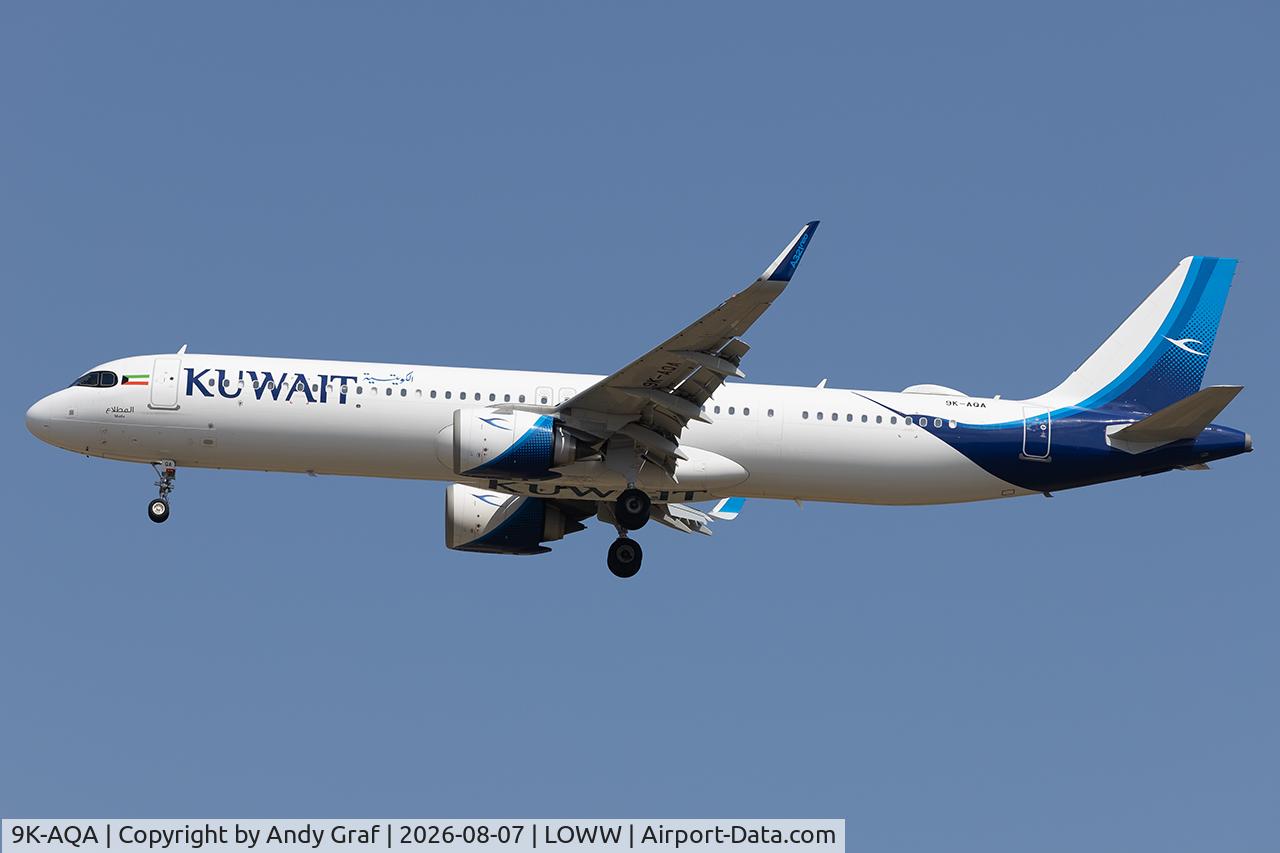 Aircraft 9K-AQA, Airbus A321-251NX, c/n 12345, Kuwait Airways A321N, at LOWW, photo by Andy Graf