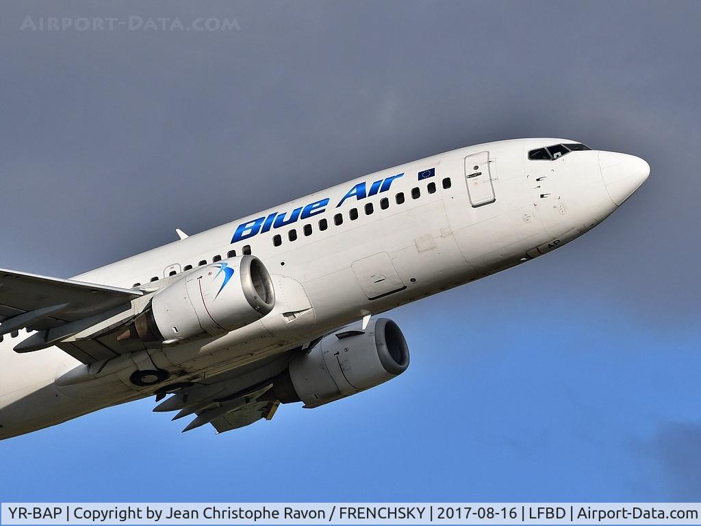 Aircraft YR-BAP, 1991 Boeing 737-3Y0, c/n 24909 l/n 2021, Blue Air 0B168 take off runway 23 to Bucharest (OTP), now stored OTP 3/22/21, at LFBD, photo by Jean Christophe Ravon / FRENCHSKY
