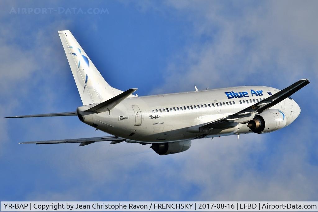 Aircraft YR-BAP, 1991 Boeing 737-3Y0, c/n 24909 l/n 2021, Blue Air 0B168 take off runway 23 to Bucharest (OTP), now stored OTP 3/22/21, at LFBD, photo by Jean Christophe Ravon / FRENCHSKY