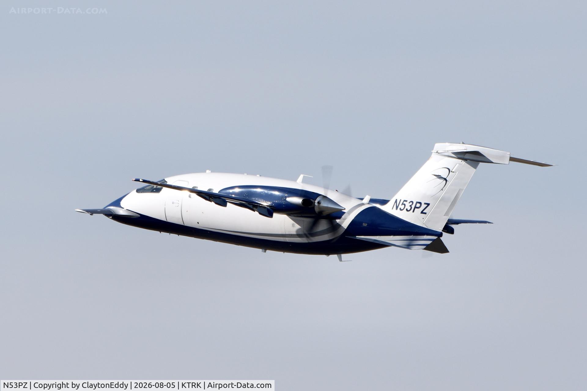 Aircraft N53PZ, 2003 Piaggio P-180 Avanti, c/n 1067, Truckee Tahoe airport in California 2026, at KTRK, photo by ClaytonEddy