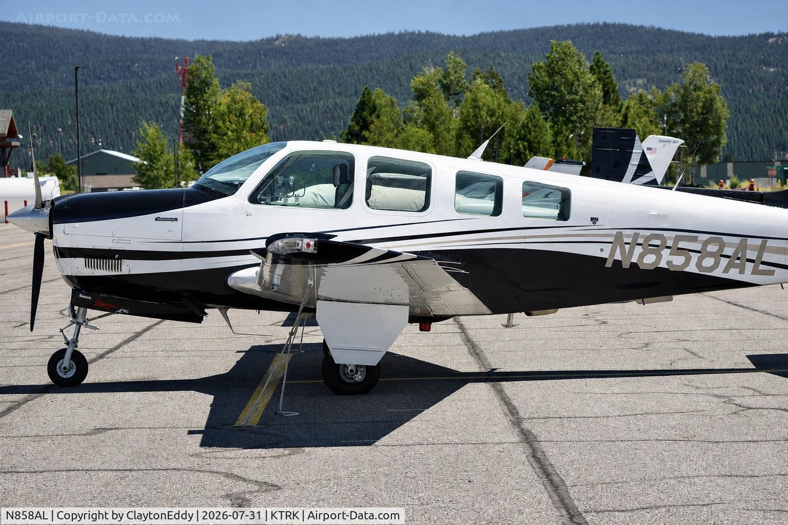 Aircraft N858AL, Beech A36 Bonanza 36, c/n E2544, Truckee Tahoe airport in California 2026., at KTRK, photo by ClaytonEddy