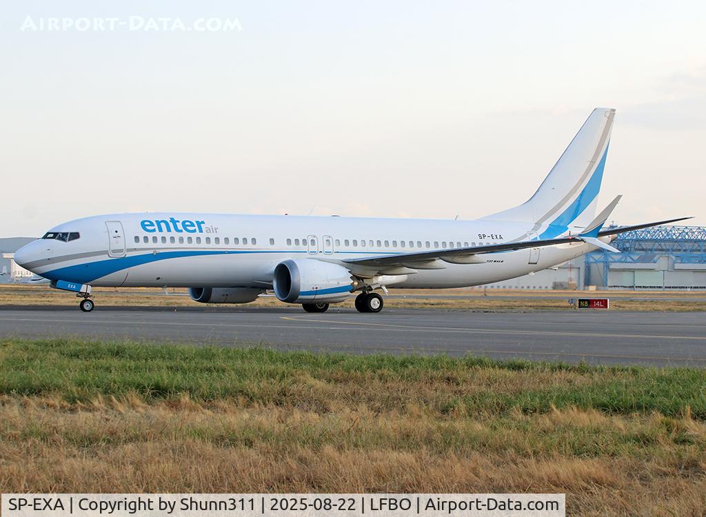 Aircraft SP-EXA, 2018 Boeing 737-8 MAX, c/n 64295 l/n 7210, Taxiing to the Terminal..., at LFBO, photo by Shunn311