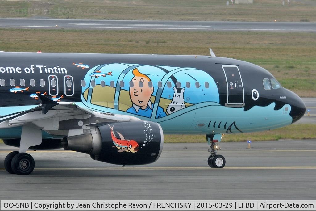 Aircraft OO-SNB, 2001 Airbus A320-214, c/n 1493, painted in "Belgian Icons - Tintin" special colours 03-2015, at LFBD, photo by Jean Christophe Ravon / FRENCHSKY