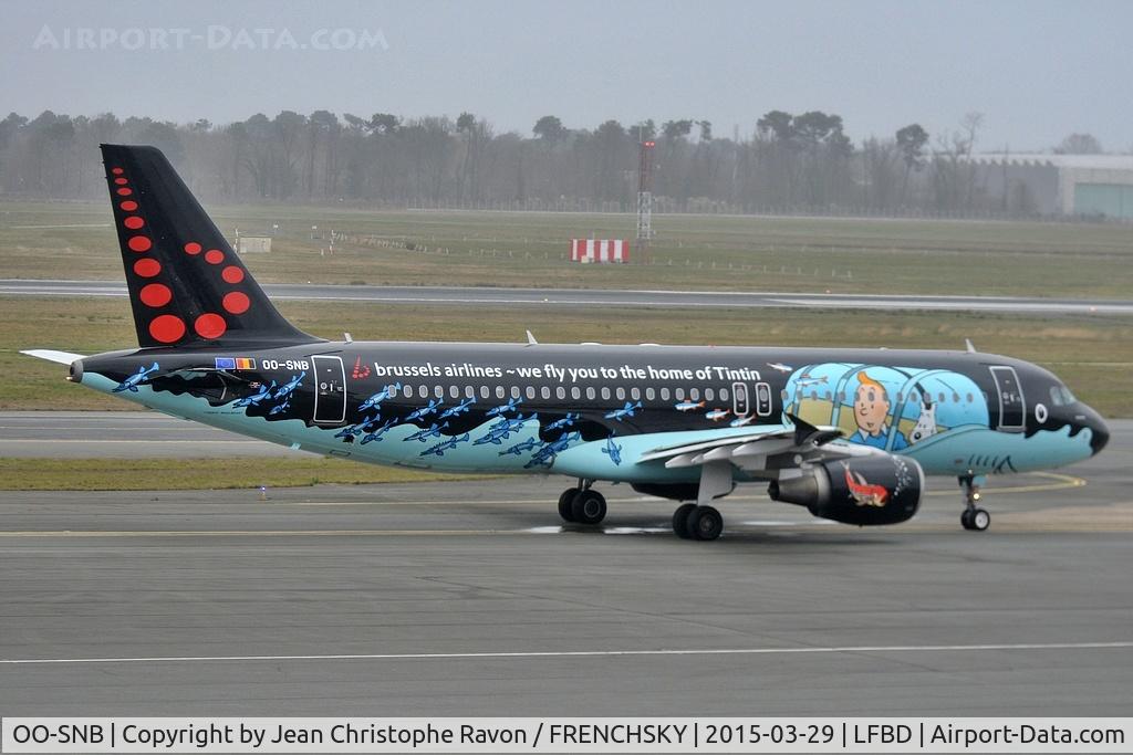 Aircraft OO-SNB, 2001 Airbus A320-214, c/n 1493, painted in "Belgian Icons - Tintin" special colours 03-2015, at LFBD, photo by Jean Christophe Ravon / FRENCHSKY