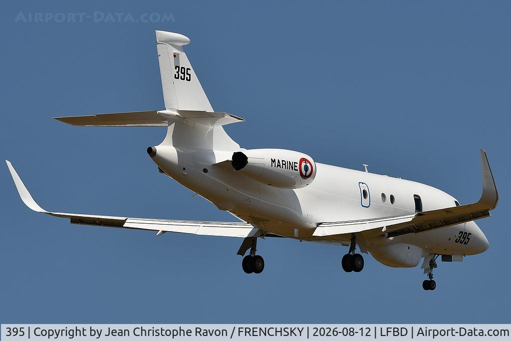 Aircraft 395, 2025 Dassault Aviation Falcon 2000LXS AVSIMAR Albatros, c/n 395, French Navy FNY5015, at LFBD, photo by Jean Christophe Ravon / FRENCHSKY