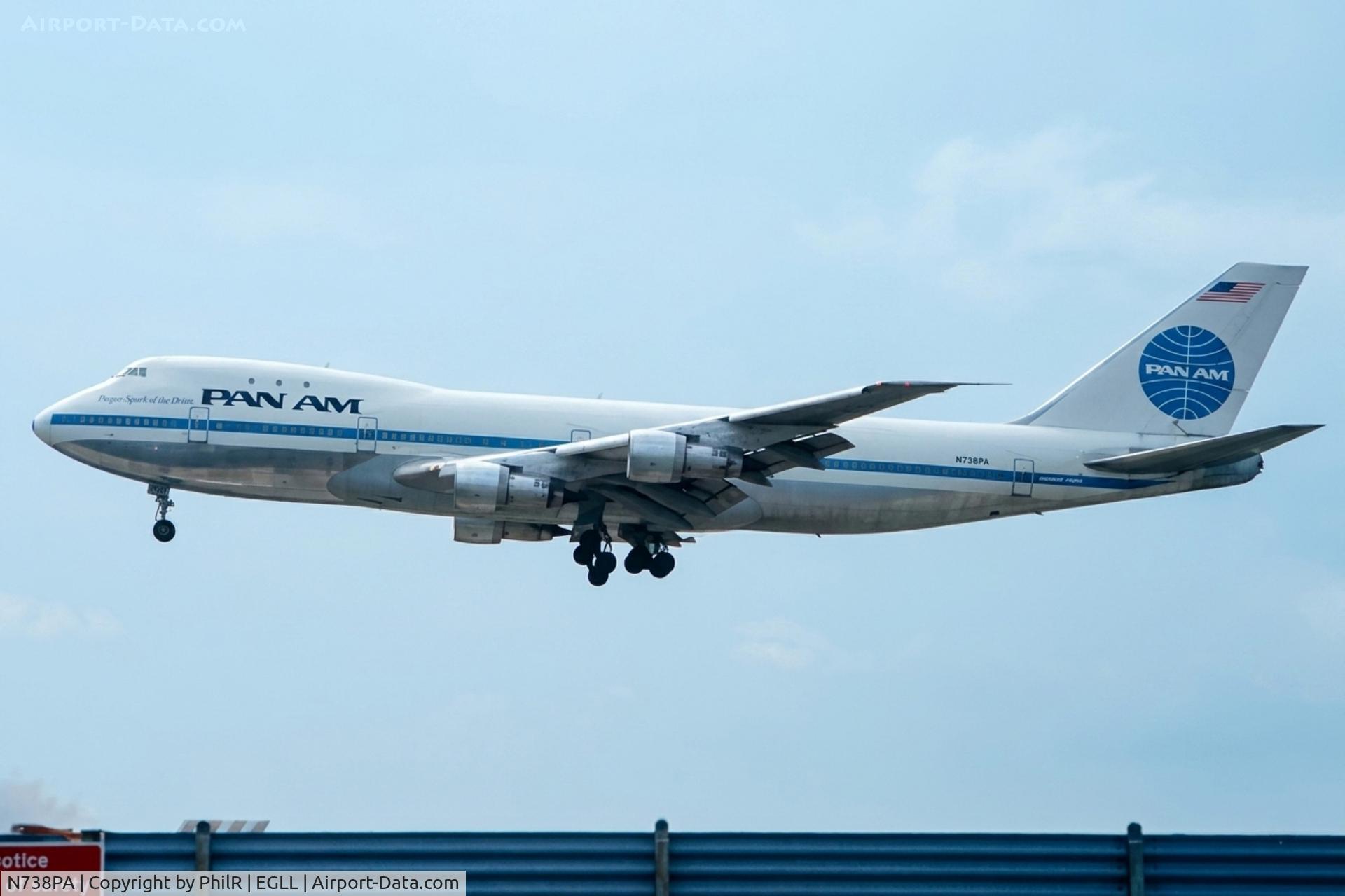 Aircraft N738PA, 1970 Boeing 747-121, c/n 19645 l/n 14, N738PA 1970 B747-100 Pan Am LHR 1984.jpg, at EGLL, photo by PhilR
