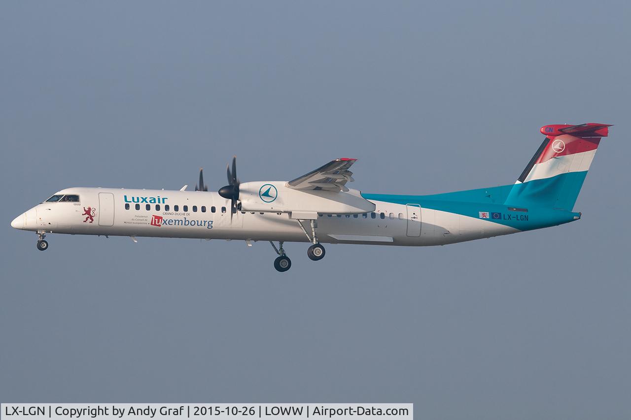 Aircraft LX-LGN, 2012 De Havilland Canada DHC-8-402Q Dash 8, c/n 4426, Luxair DHC8-400, at LOWW, photo by Andy Graf