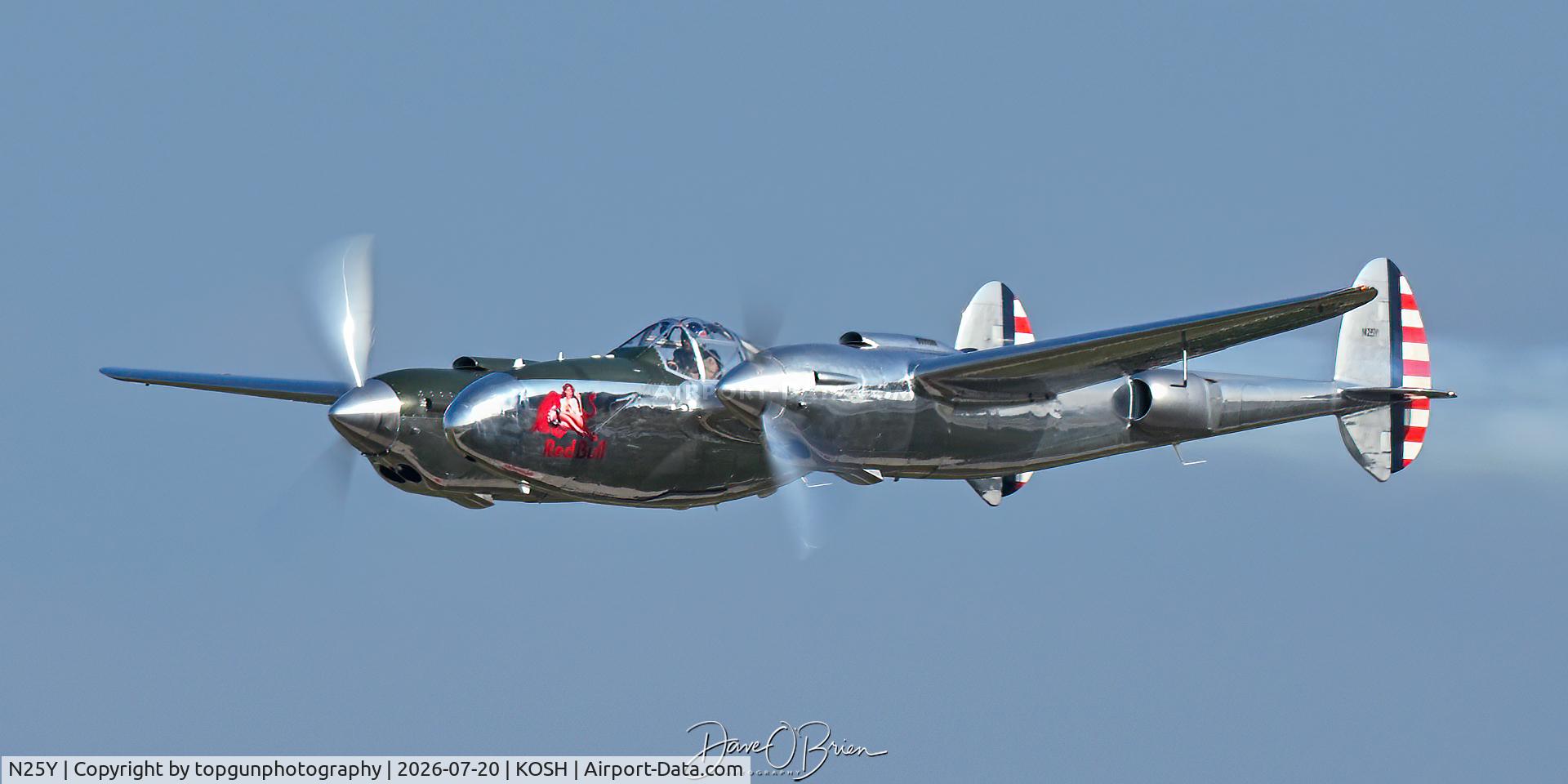 Aircraft N25Y, 1944 Lockheed P-38L-5LO Lightning, c/n AF44-53254, Red Bull's P-38 Lightning, at KOSH, photo by topgunphotography