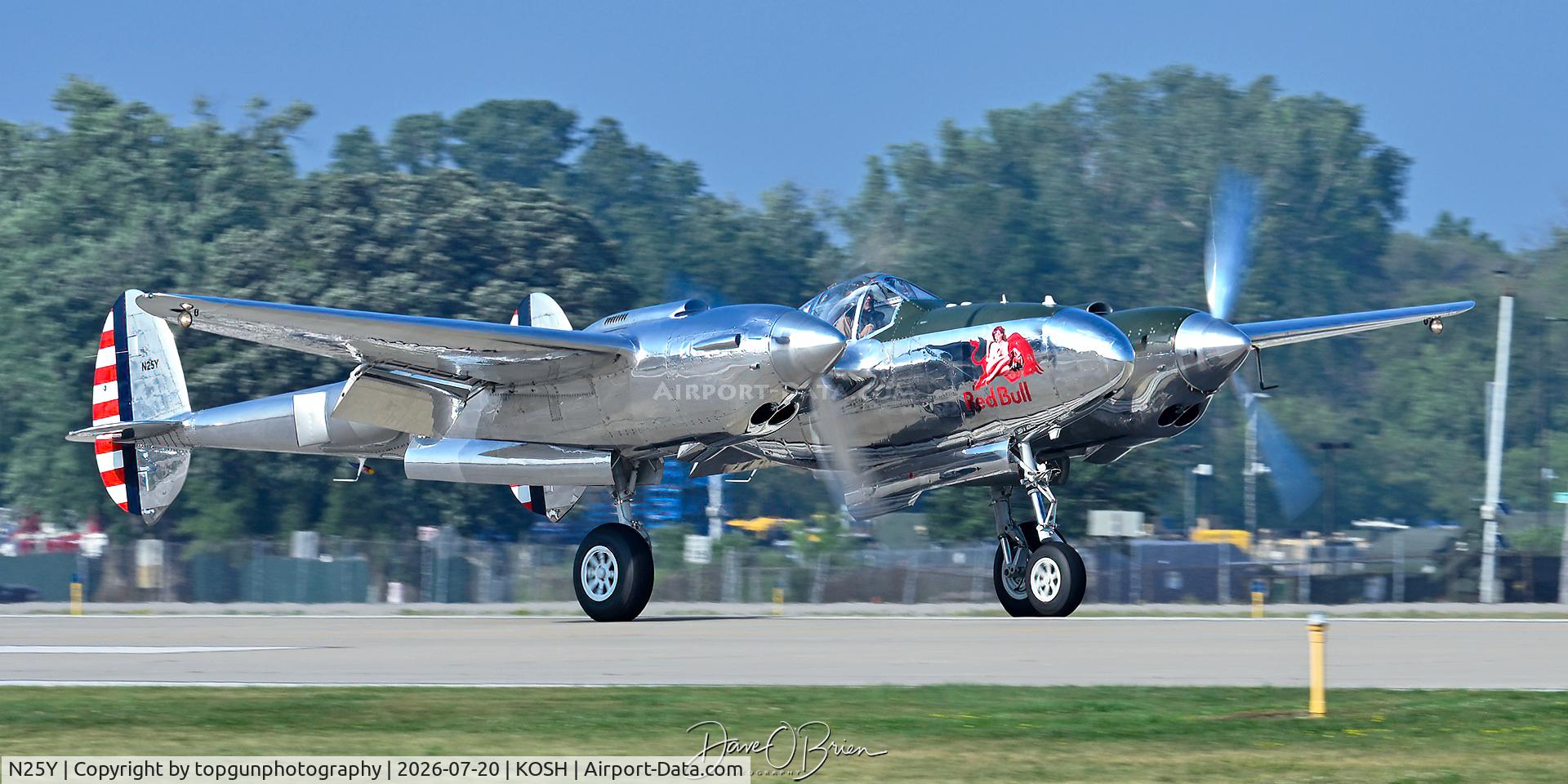Aircraft N25Y, 1944 Lockheed P-38L-5LO Lightning, c/n AF44-53254, Red Bull at Oshkosh 26, at KOSH, photo by topgunphotography