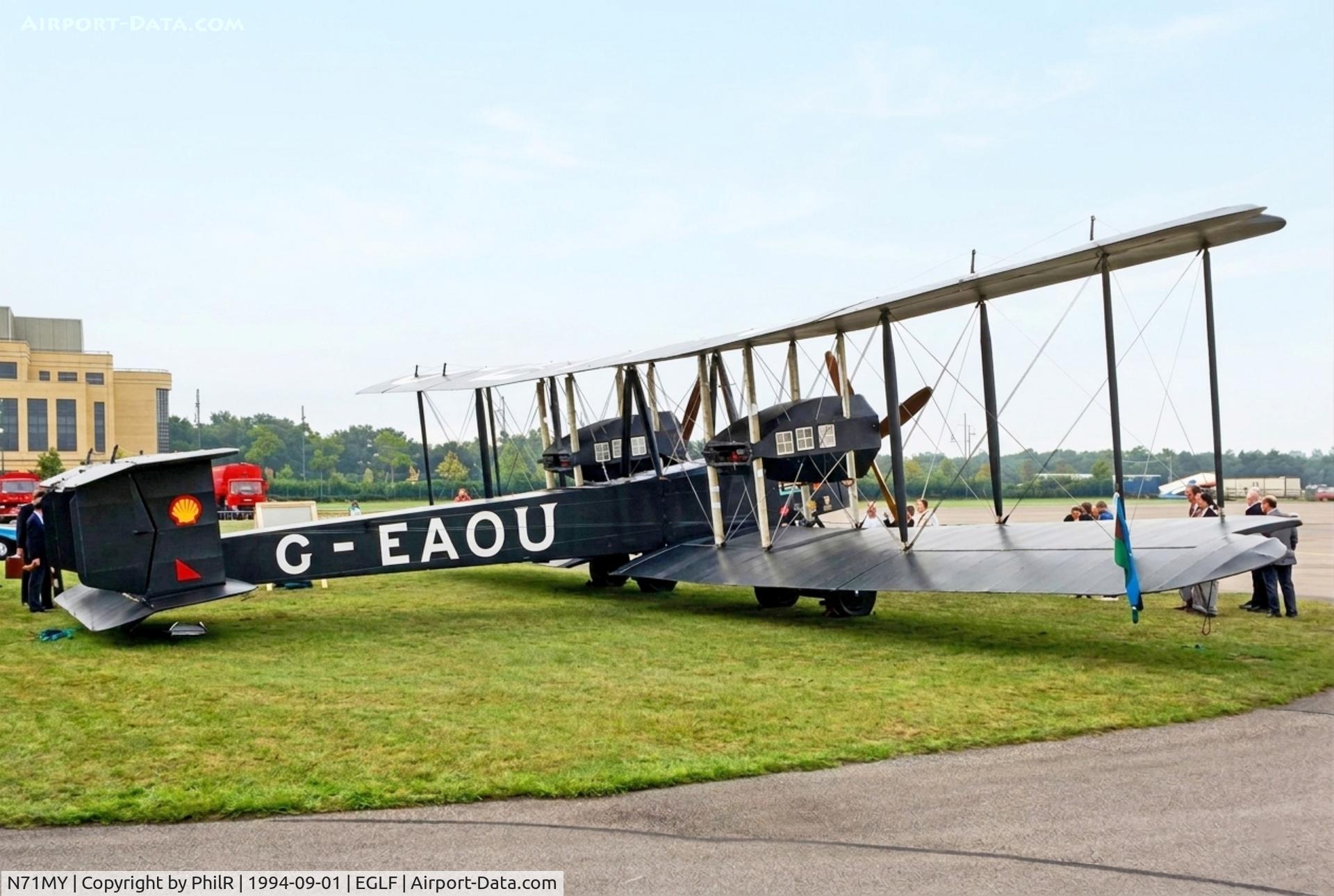 Aircraft N71MY, 1994 Vickers FB-27A Vimy (replica), c/n 01, NX71MY (G-EAOU) 1994 Vickers Vimy replica SBAC, at EGLF, photo by PhilR