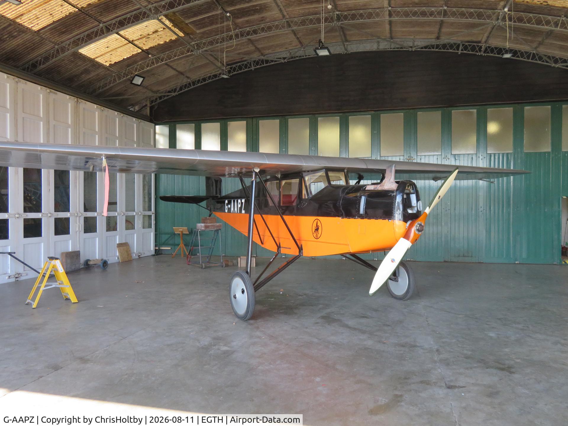 Aircraft G-AAPZ, 1930 Desoutter MKI, c/n D.25, In the maintenance hangar at Old Warden, at EGTH, photo by ChrisHoltby