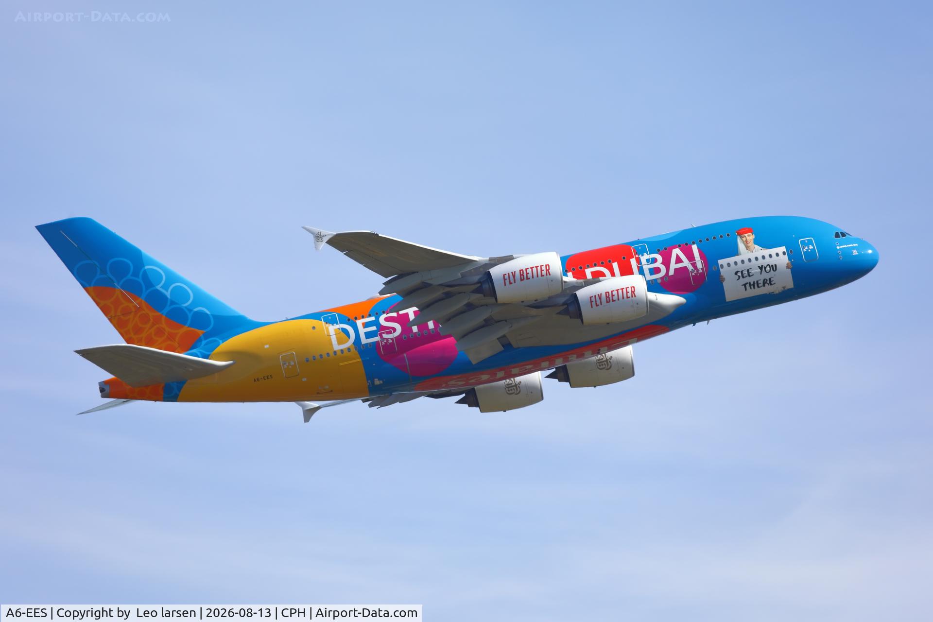 Aircraft A6-EES, 2013 Airbus A380-861, c/n 140, Copenhagen 13.8.2026, at CPH, photo by Leo larsen