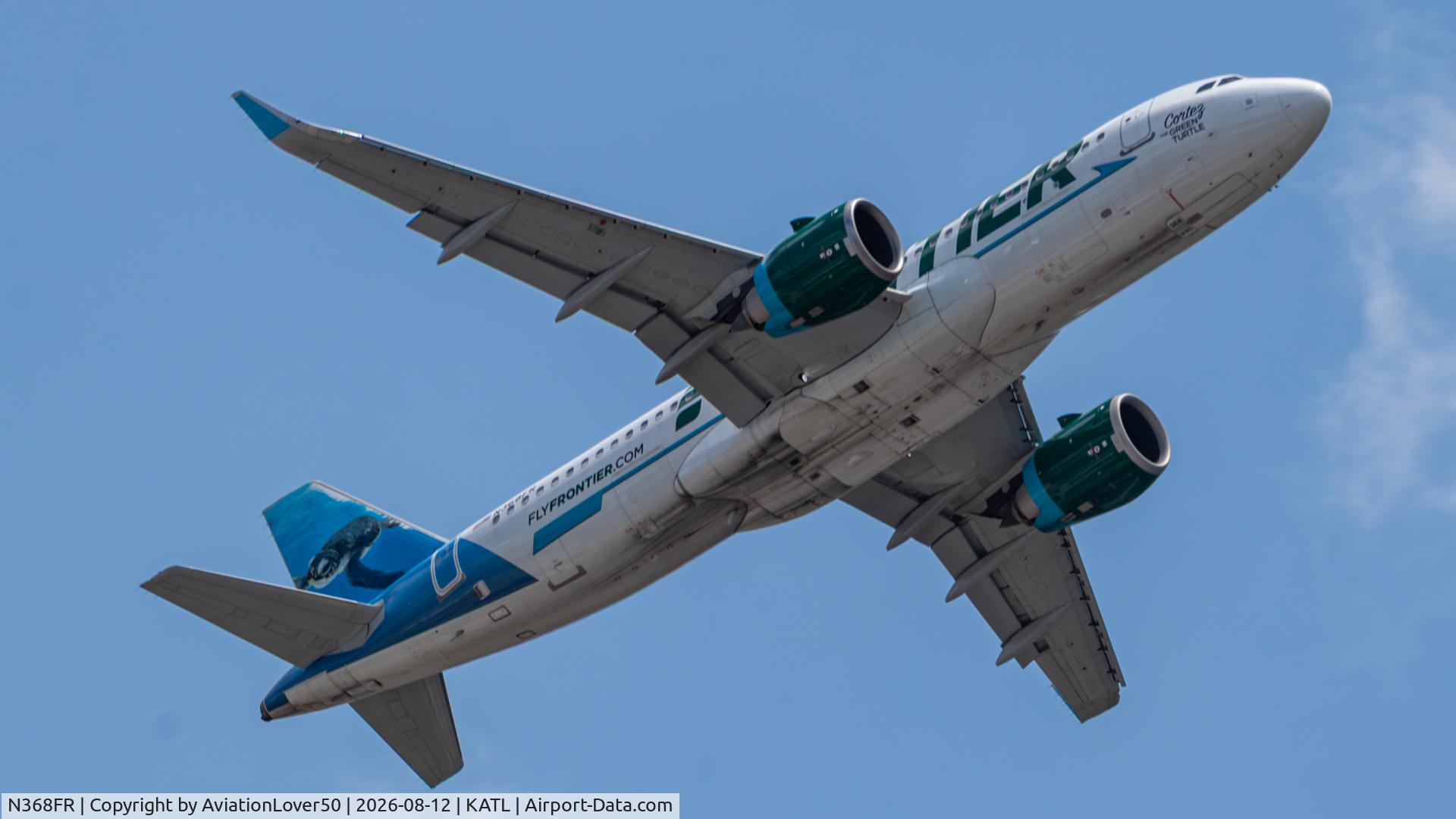 Aircraft N368FR, 2020 Airbus A320-251N, c/n 09549, Frontier Cortez the Green Turtle A320neo, at KATL, photo by AviationLover50
