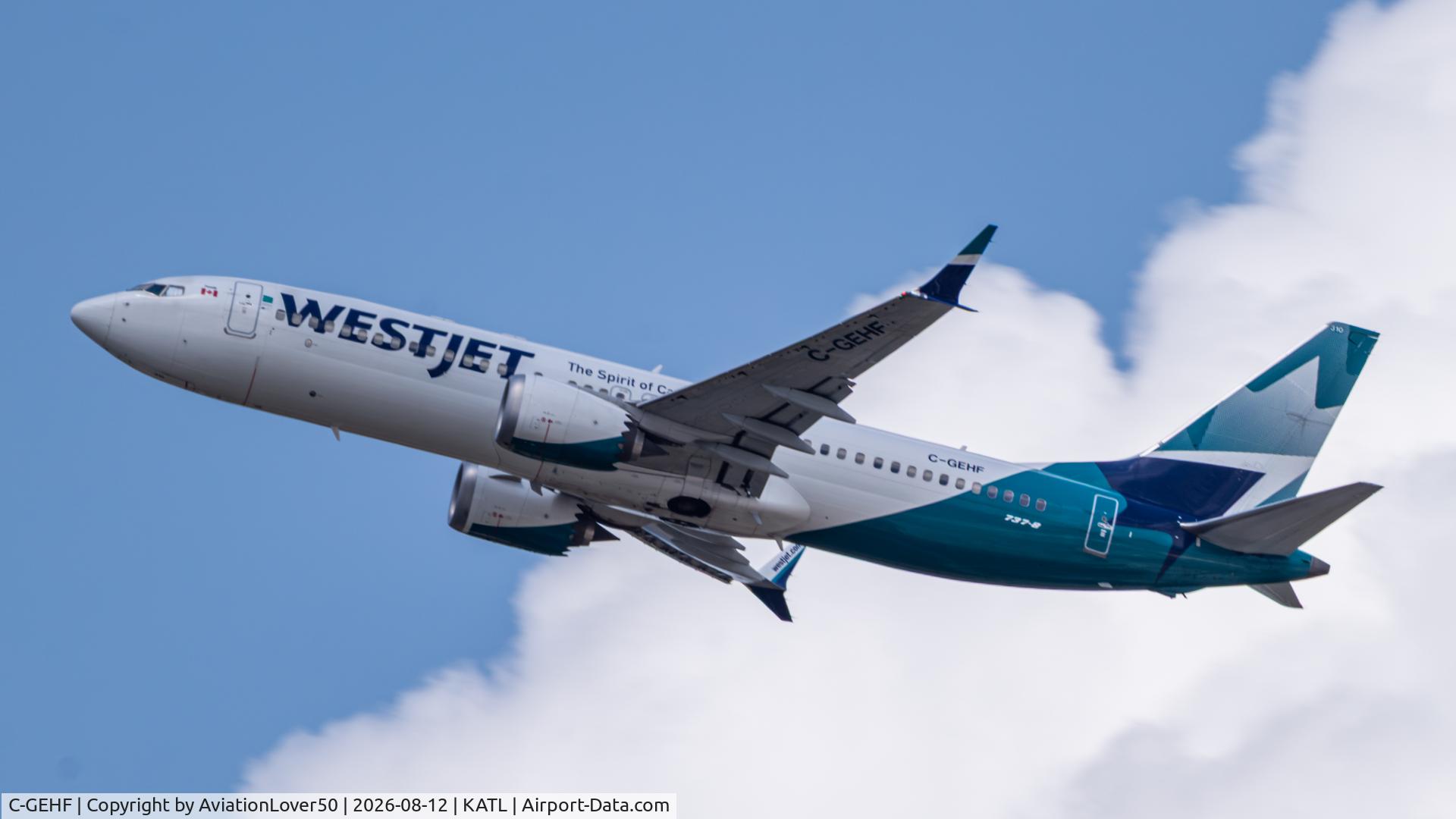 Aircraft C-GEHF, 2018 Boeing 737-8 MAX, c/n 60519 l/n 7213, WestJet MAX 8, at KATL, photo by AviationLover50