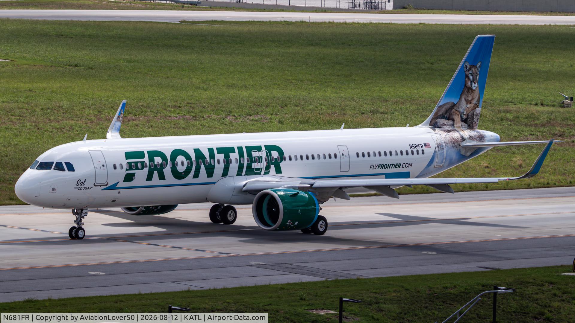 Aircraft N681FR, Airbus S A S A321-271NX, c/n 13190, Frontier Sal the Cougar A321neo on it's first ever visit to ATL!, at KATL, photo by AviationLover50