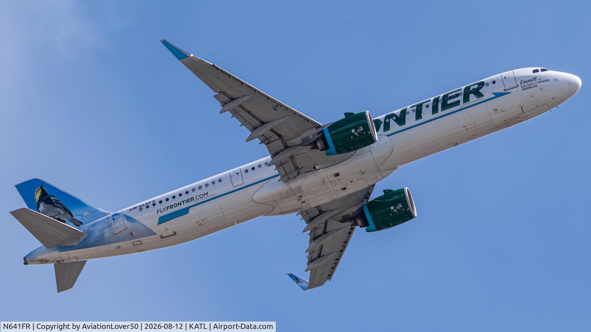Aircraft N641FR, 2024 Airbus A321-271NX, c/n 11887, Frontier Emmitt the Golden-Cheeked Warbler A321neo, at KATL, photo by AviationLover50