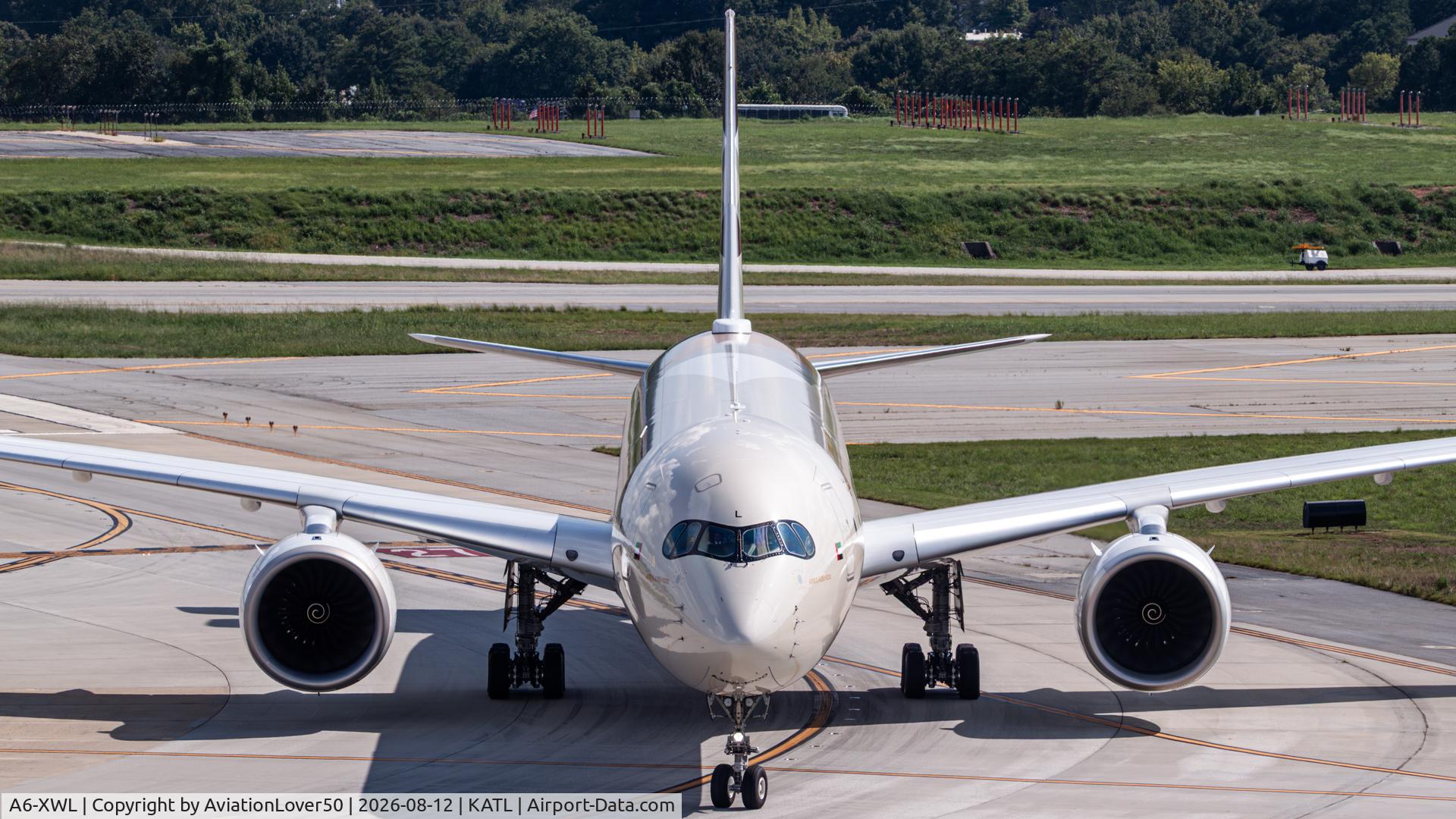 Aircraft A6-XWL, 2025 Airbus A350-1041, c/n 762, Etihad A35K, at KATL, photo by AviationLover50